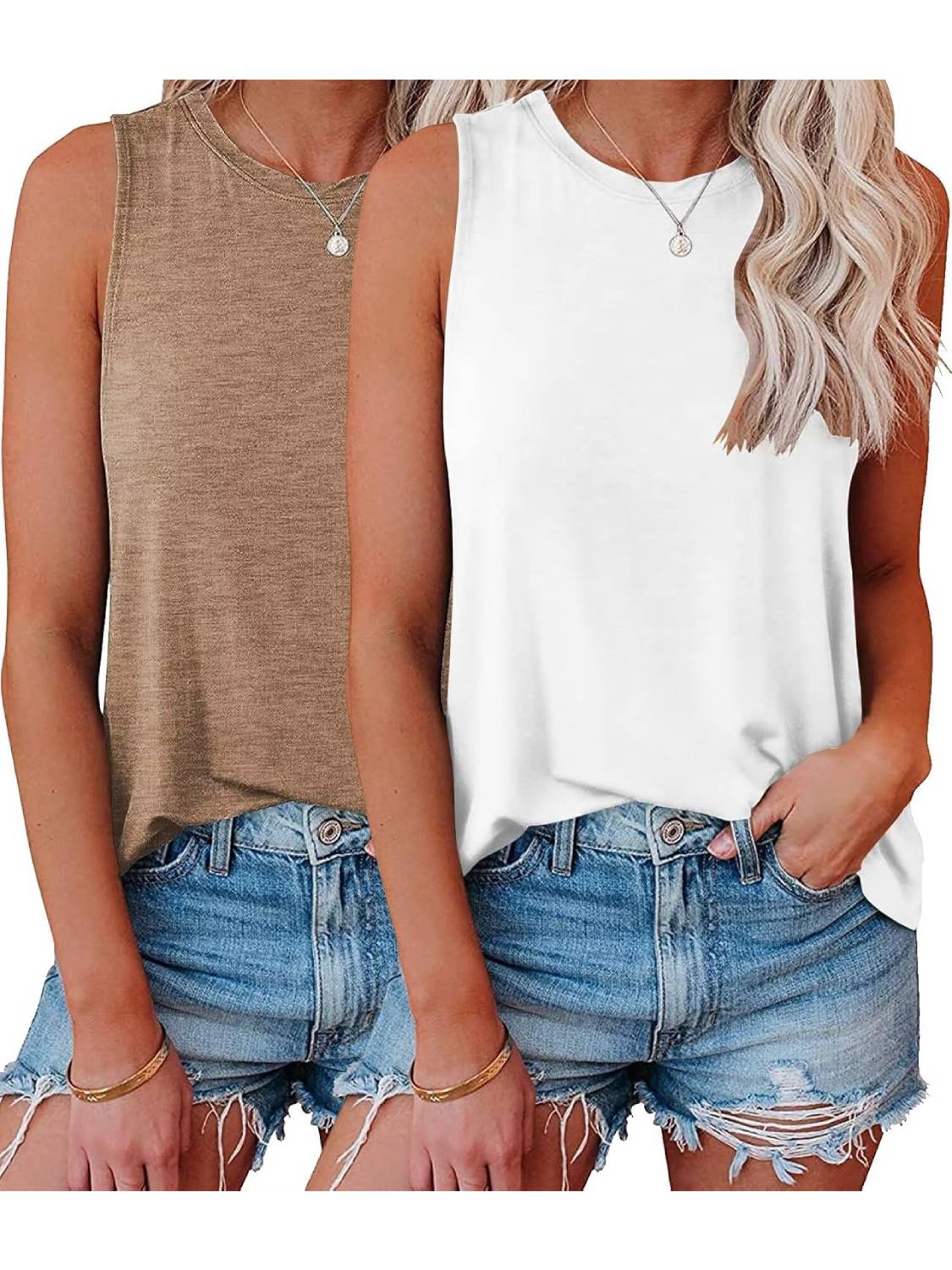 Womens Crew Neck Sleeveless Loose Fit Casual 2 Pack Tank Tops