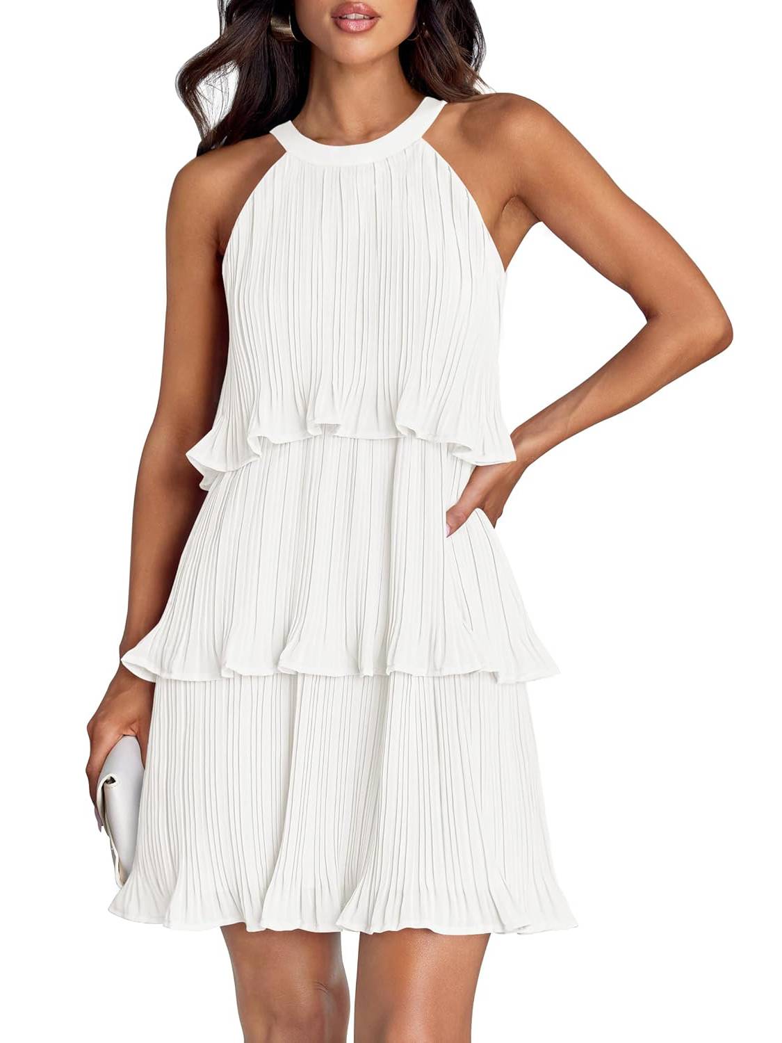 Women's Halter Sleeveless Ruffle Tiered Layered Chiffon Pleated A Line Swing Mini Dress