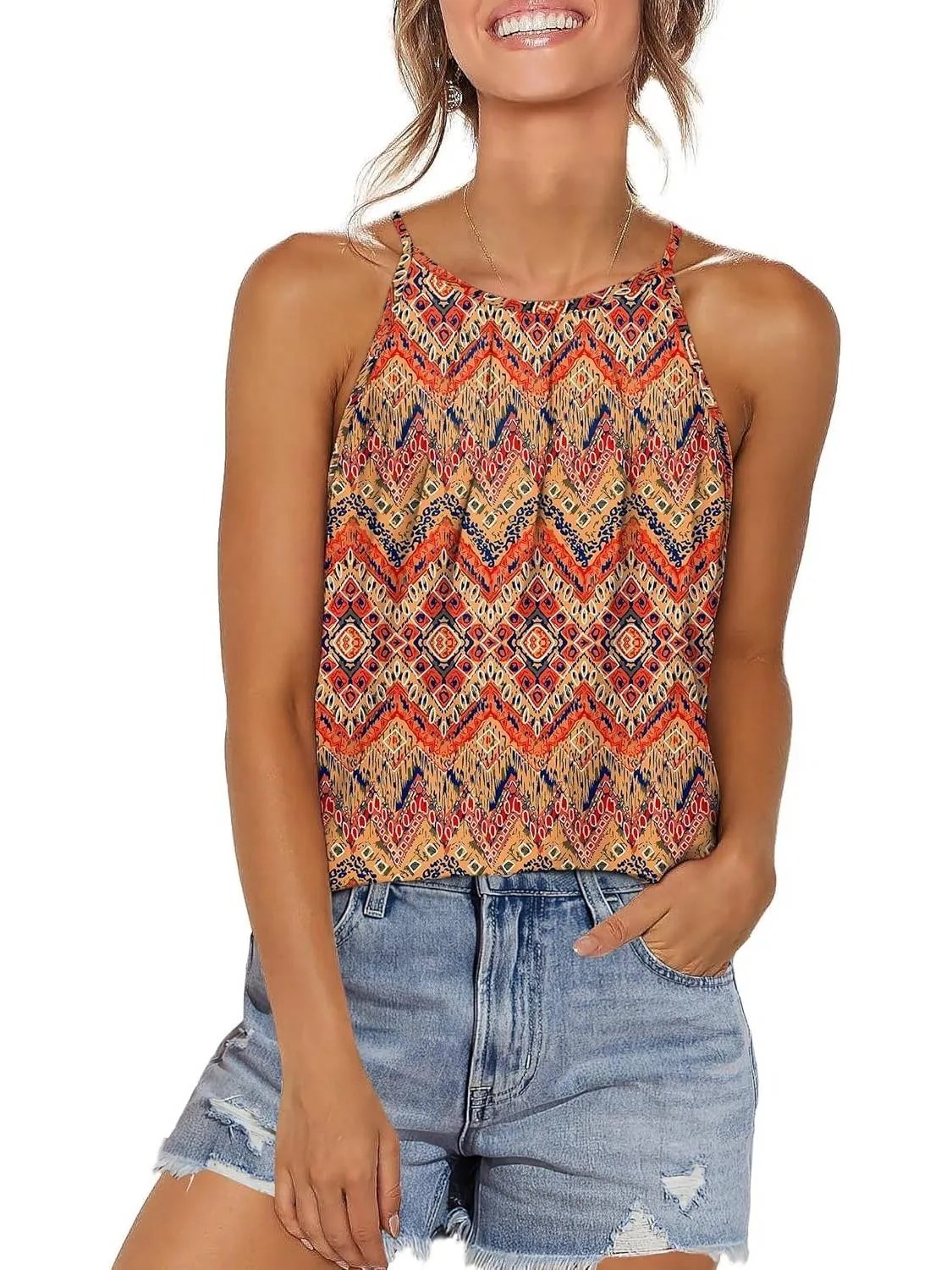 HOT SALE Women's Curved Hem Pleated Spaghetti Strap Tank Tops