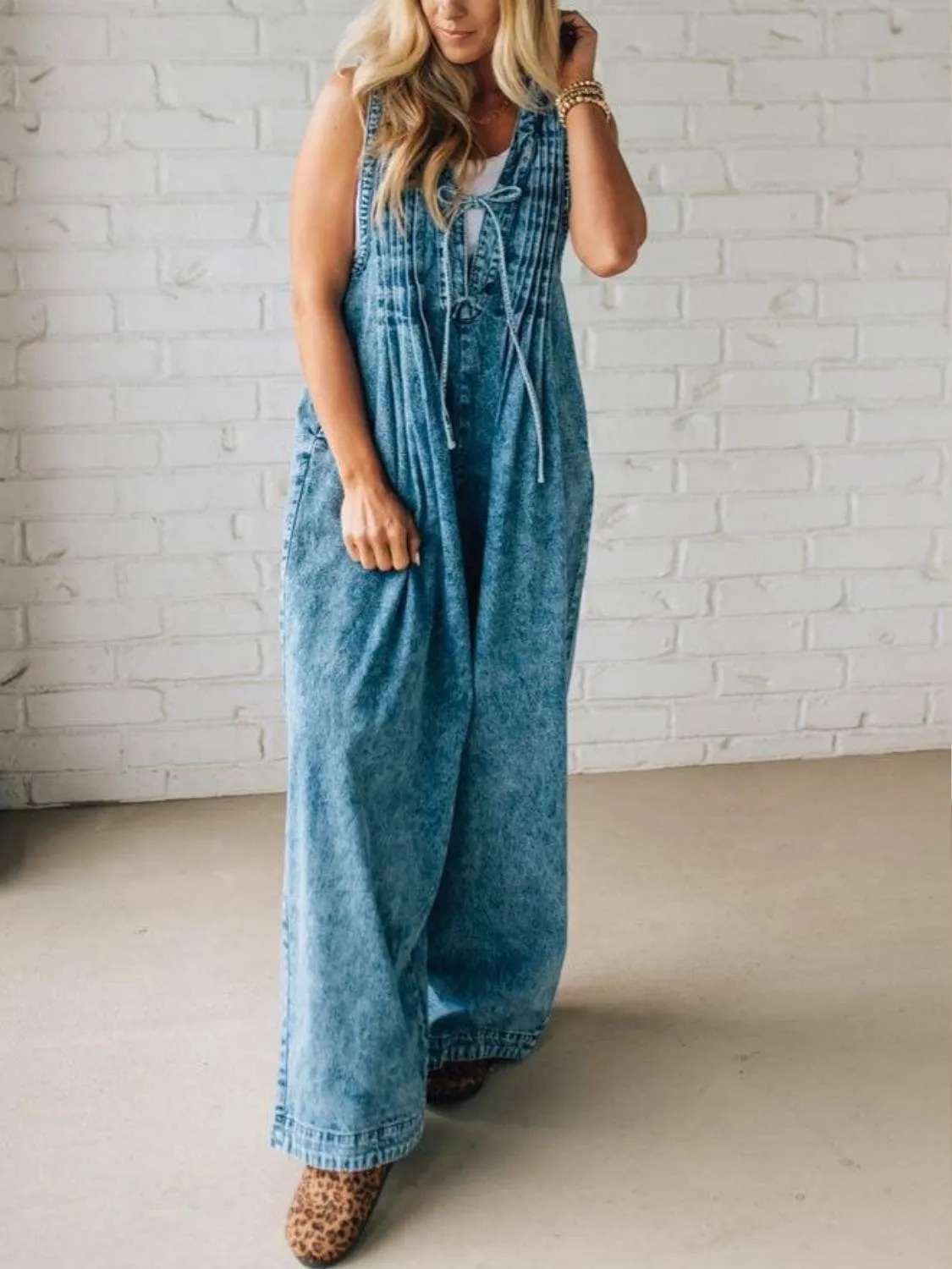 HOT SALE Women's Acid Wash Pintuck Jumpsuit