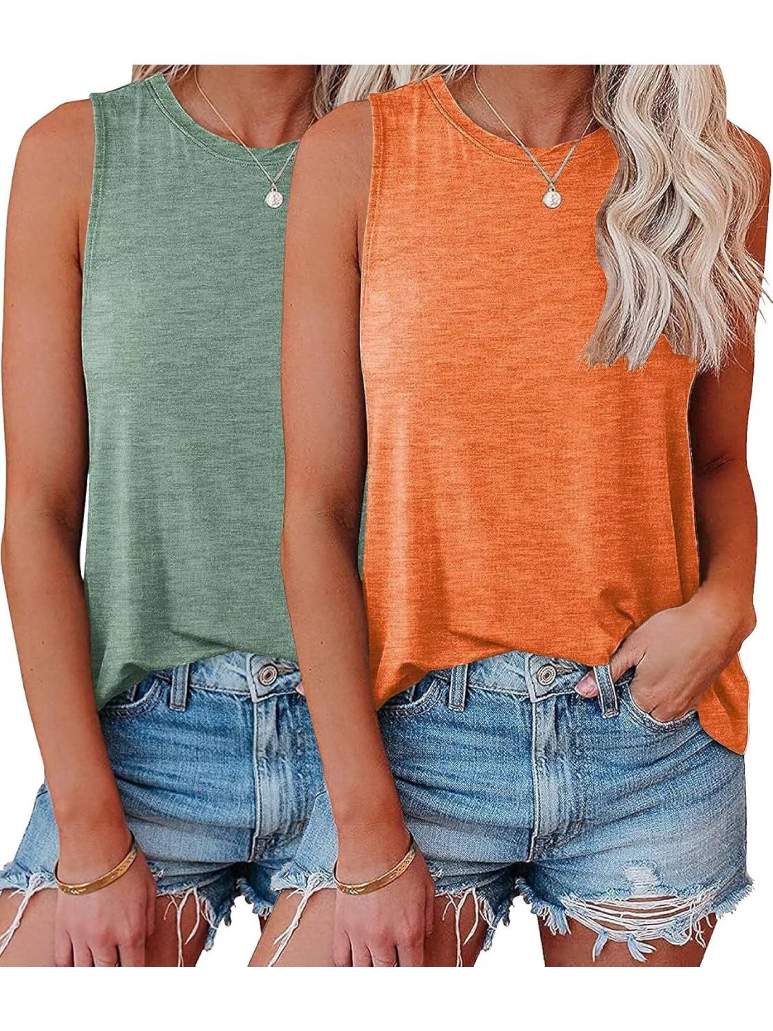 Womens Crew Neck Sleeveless Loose Fit Casual 2 Pack Tank Tops