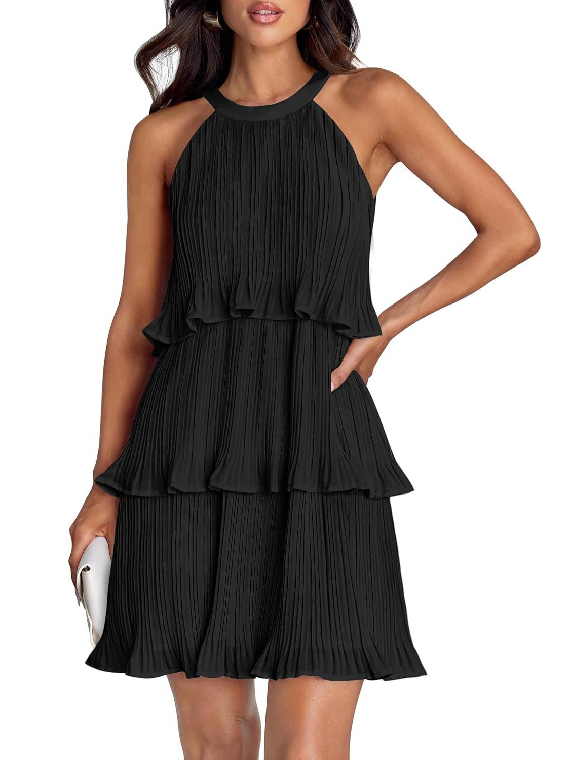 Women's Halter Sleeveless Ruffle Tiered Layered Chiffon Pleated A Line Swing Mini Dress