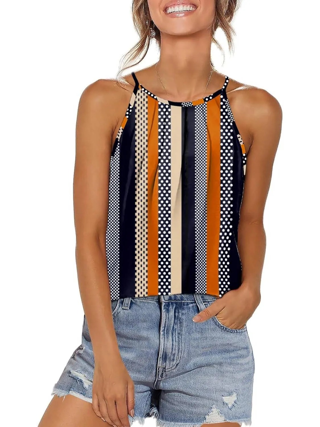 HOT SALE Women's Curved Hem Pleated Spaghetti Strap Tank Tops