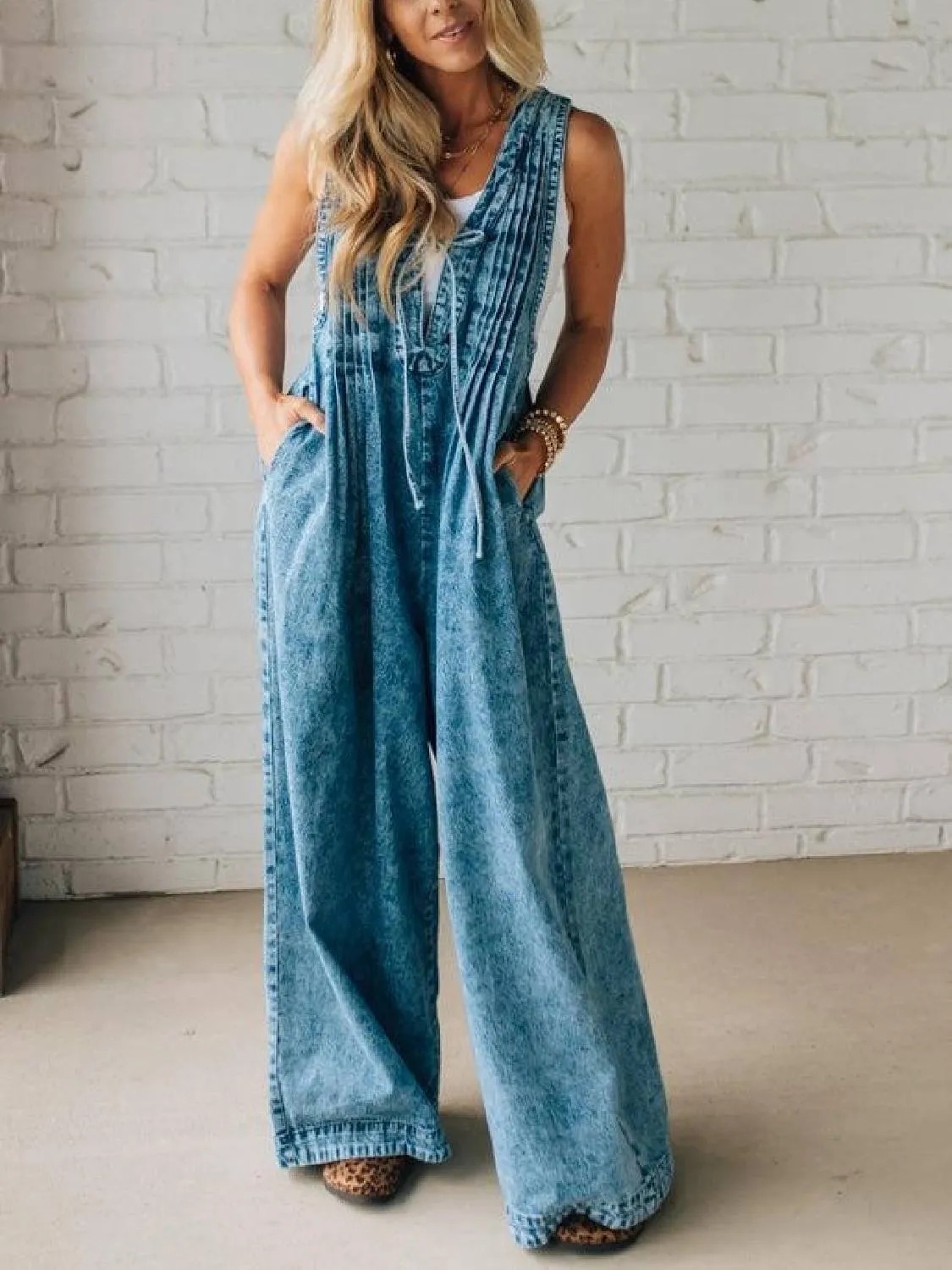 HOT SALE Women's Acid Wash Pintuck Jumpsuit