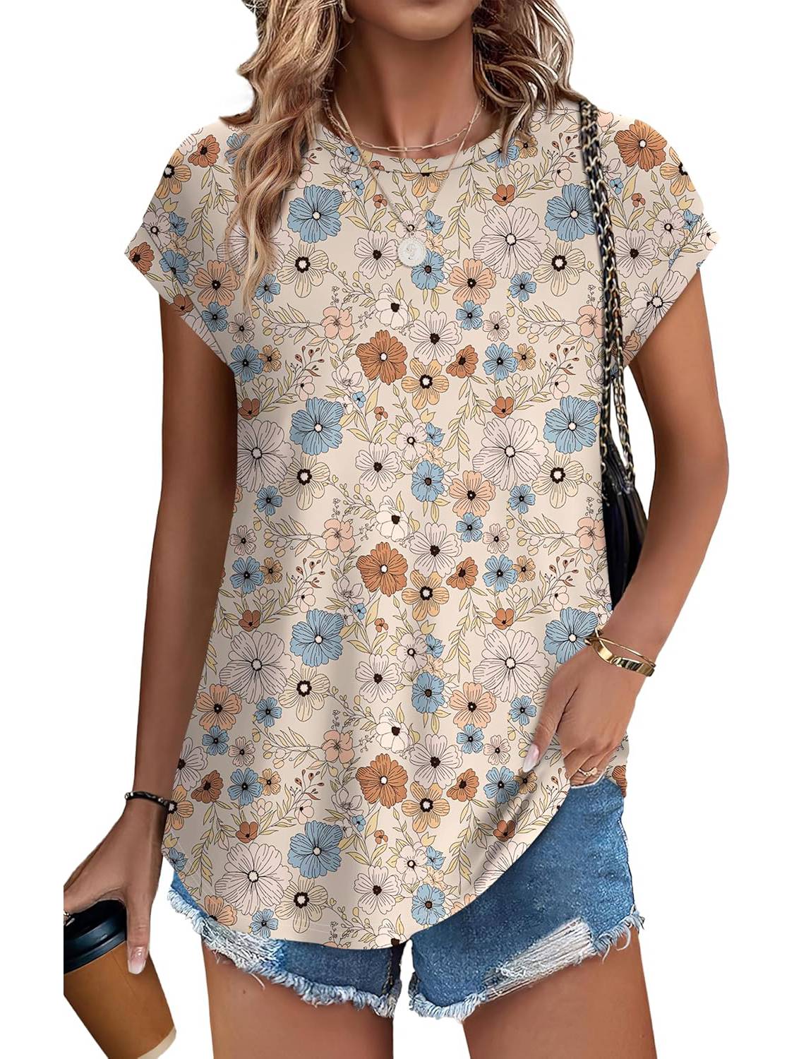 Womens Printing Dressy Casual Cap Sleeve Tops with Curved Hem