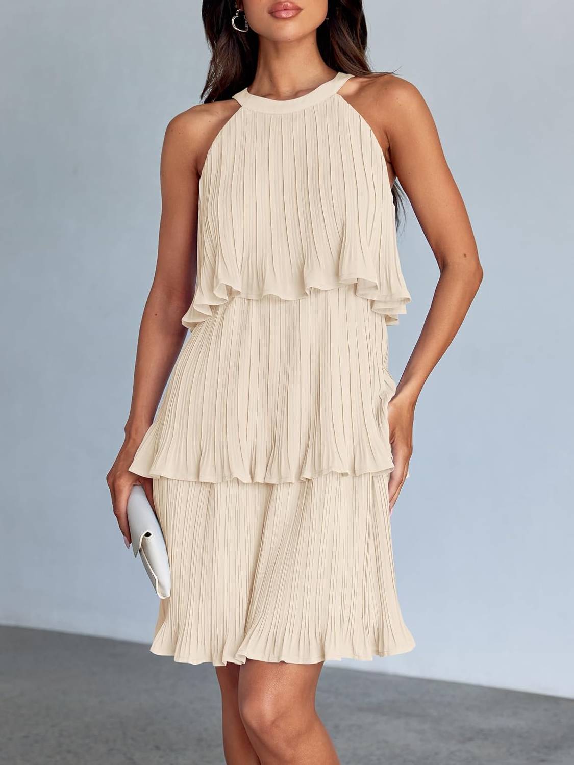 Women's Halter Sleeveless Ruffle Tiered Layered Chiffon Pleated A Line Swing Mini Dress
