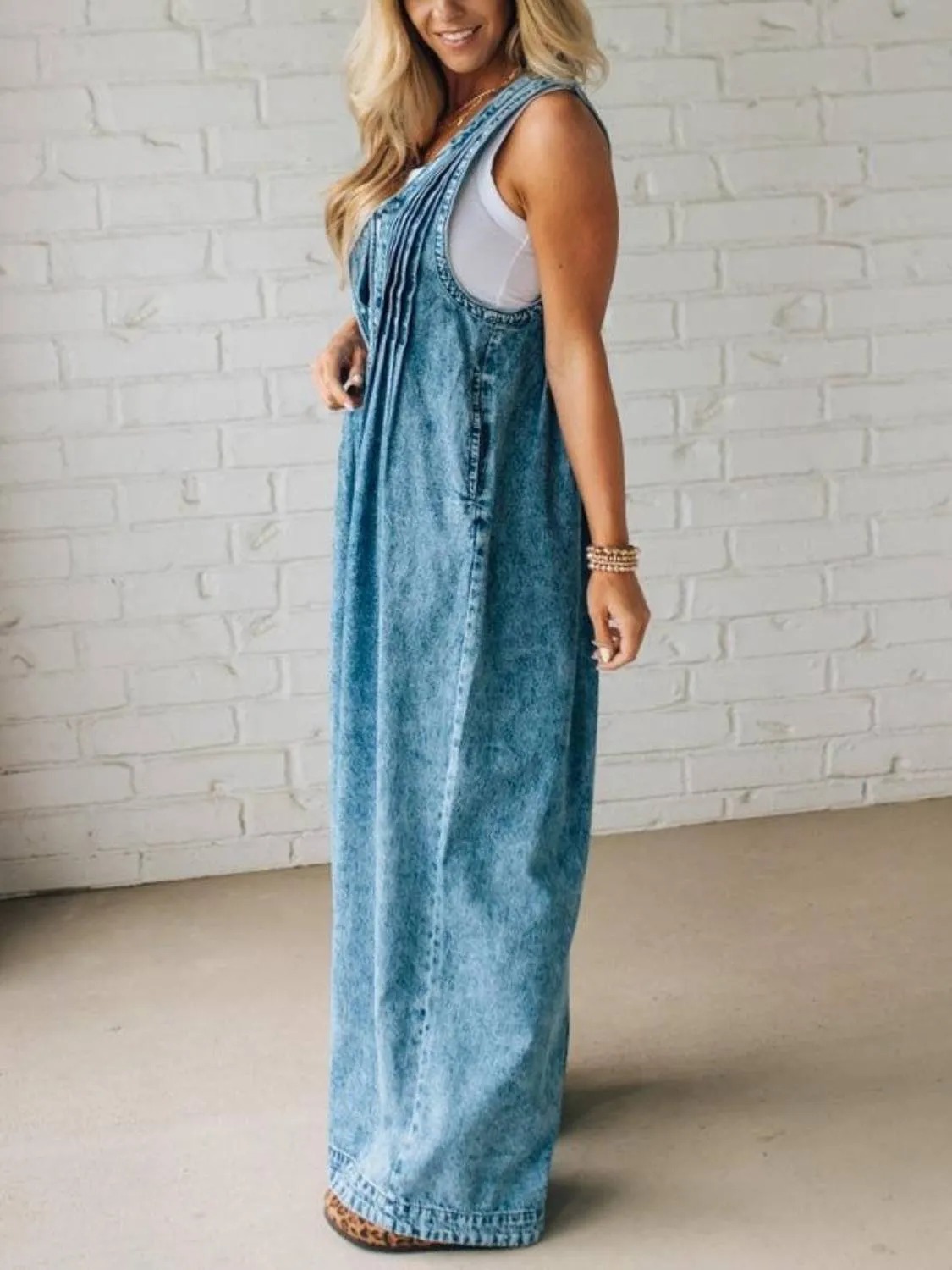 HOT SALE Women's Acid Wash Pintuck Jumpsuit