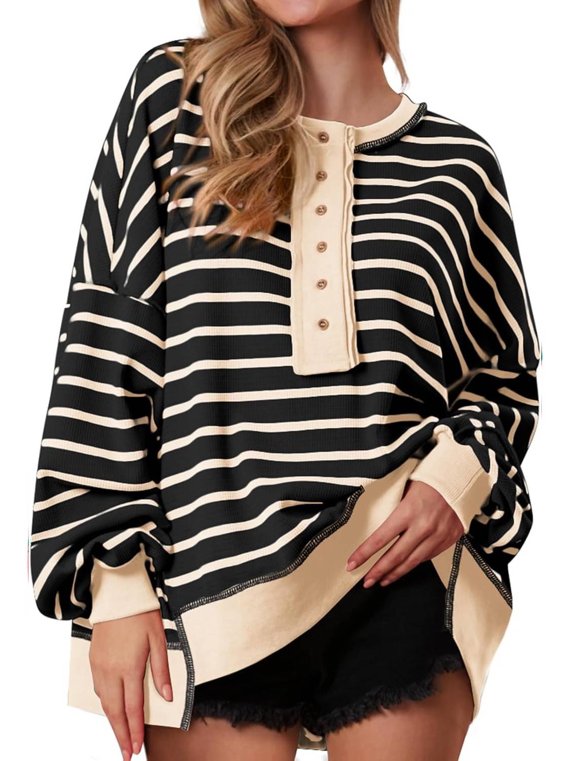 ⏰Hot Sale-Women's Striped Oversized Button Up Henley Neck Waffle Knit Pullover