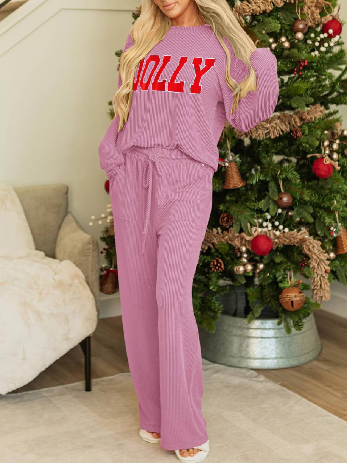 Womens JOLLY Graphic Christmas  Ribbed Long Sleeve Top and Pants 2 Piece Set