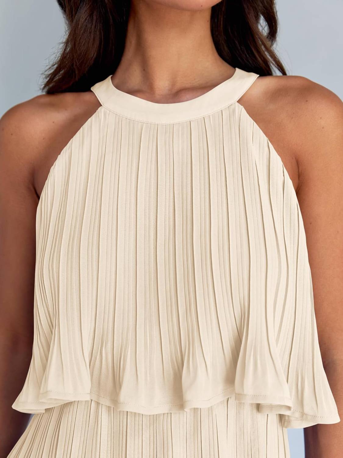 Women's Halter Sleeveless Ruffle Tiered Layered Chiffon Pleated A Line Swing Mini Dress