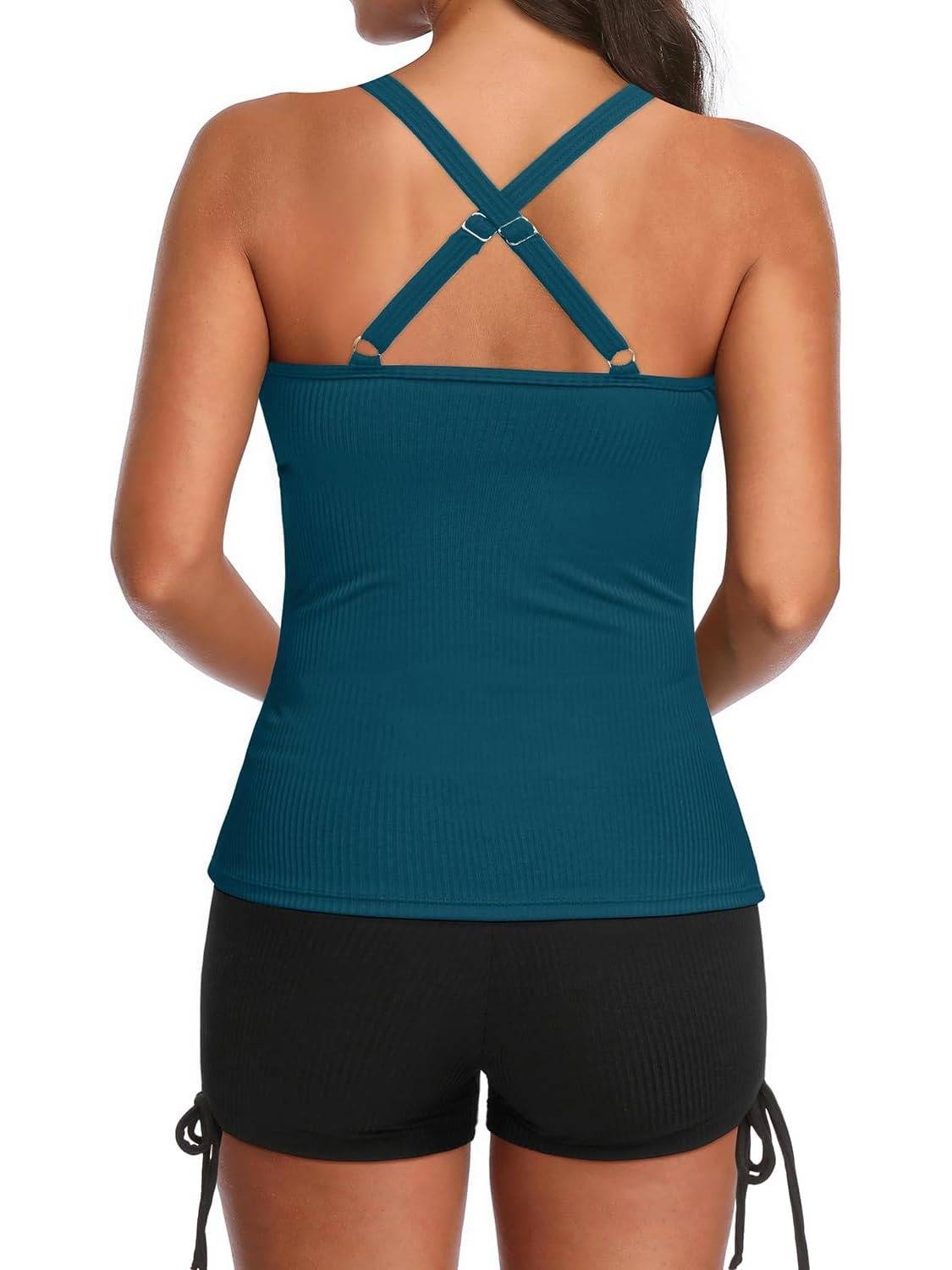 Womens Ribbed Tankini Top Bathing Shorts Tummy Control Two Piece Tankini Swimsuits
