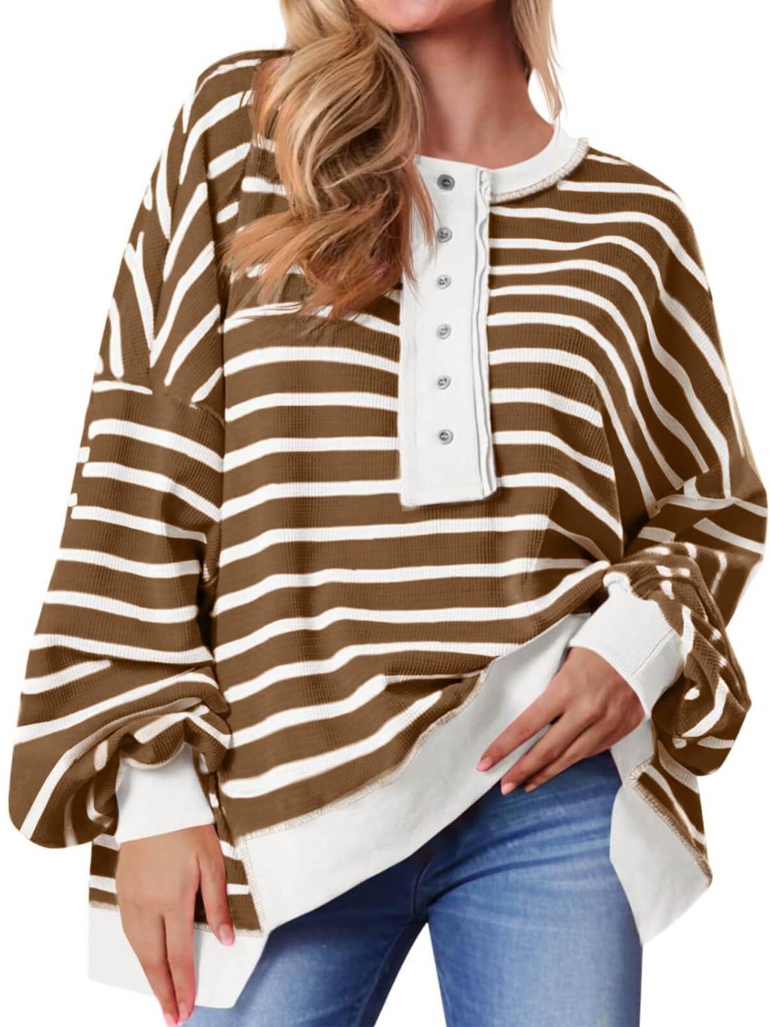 ⏰Hot Sale-Women's Striped Oversized Button Up Henley Neck Waffle Knit Pullover