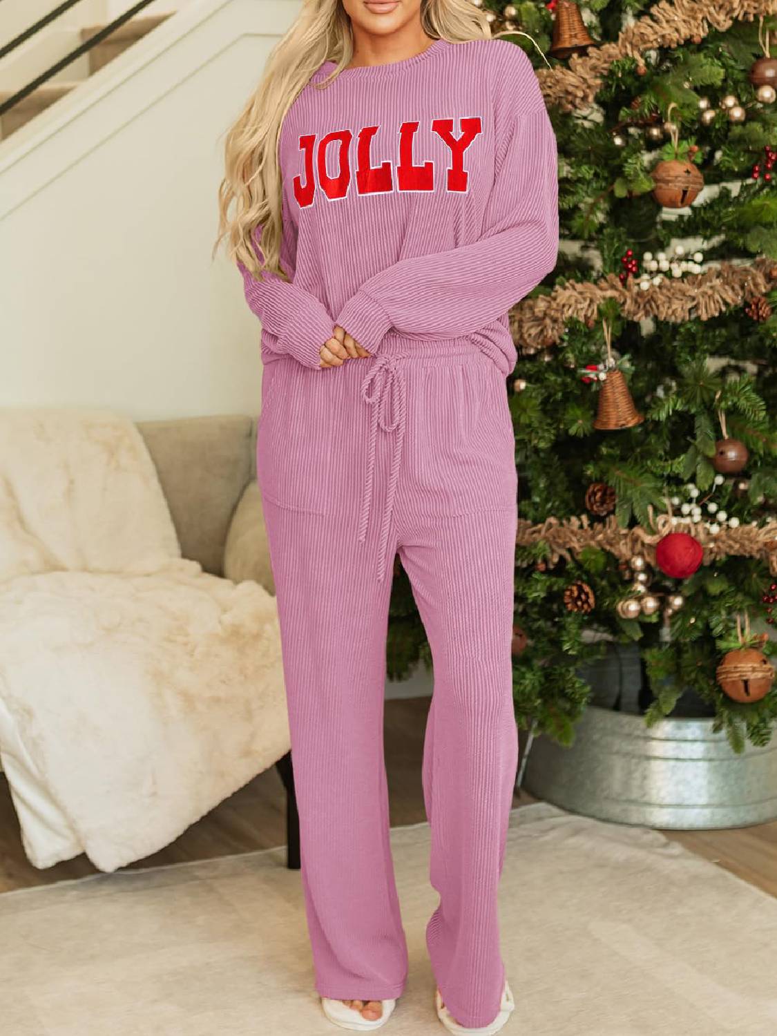 Womens JOLLY Graphic Christmas  Ribbed Long Sleeve Top and Pants 2 Piece Set