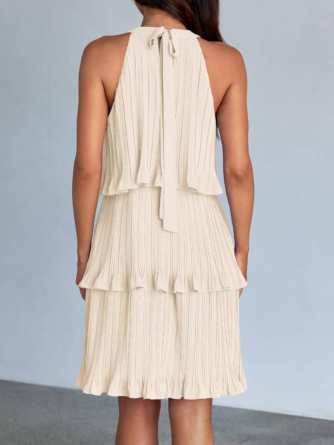 Women's Halter Sleeveless Ruffle Tiered Layered Chiffon Pleated A Line Swing Mini Dress