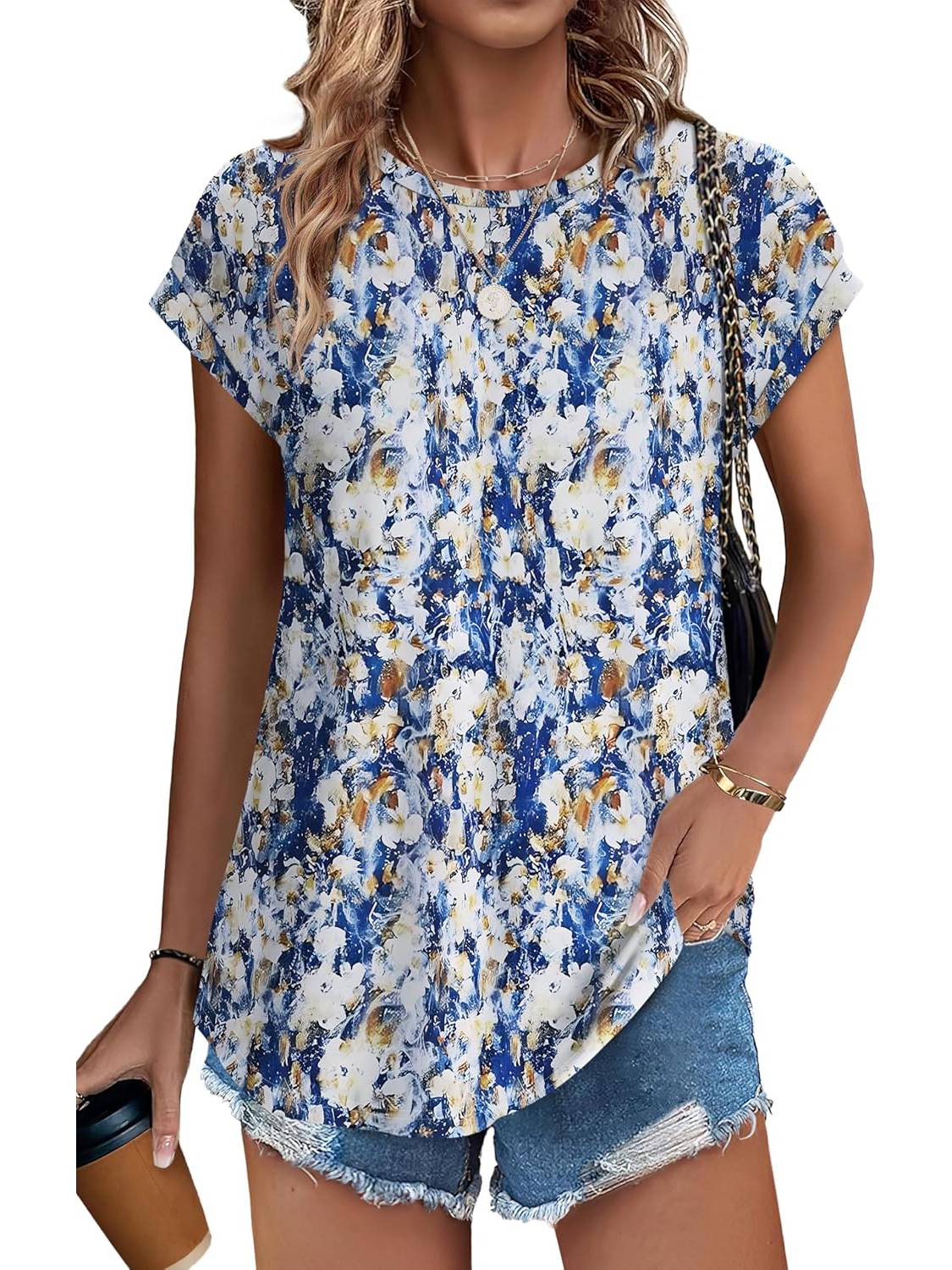 Womens Printing Dressy Casual Cap Sleeve Tops with Curved Hem