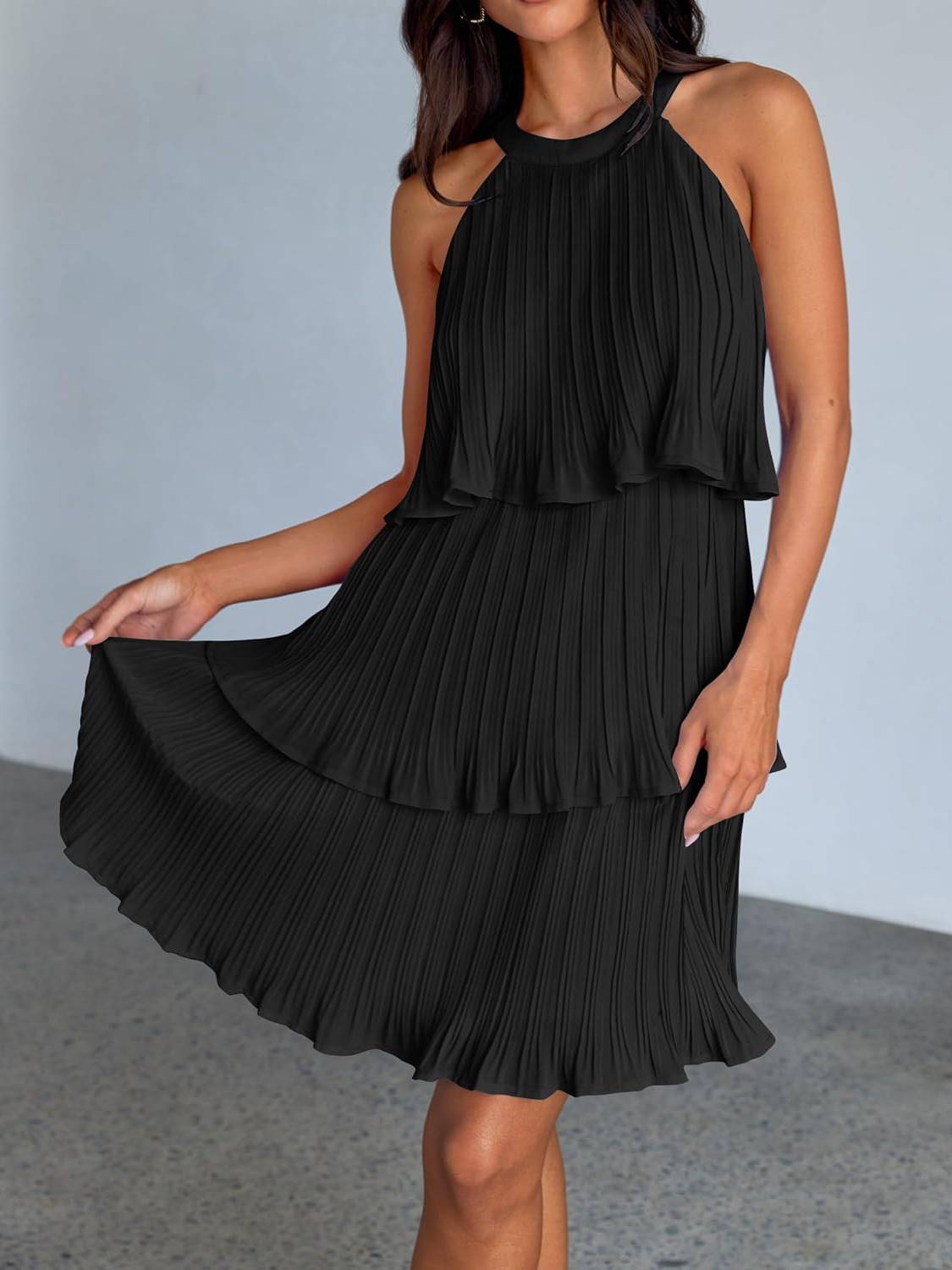Women's Halter Sleeveless Ruffle Tiered Layered Chiffon Pleated A Line Swing Mini Dress