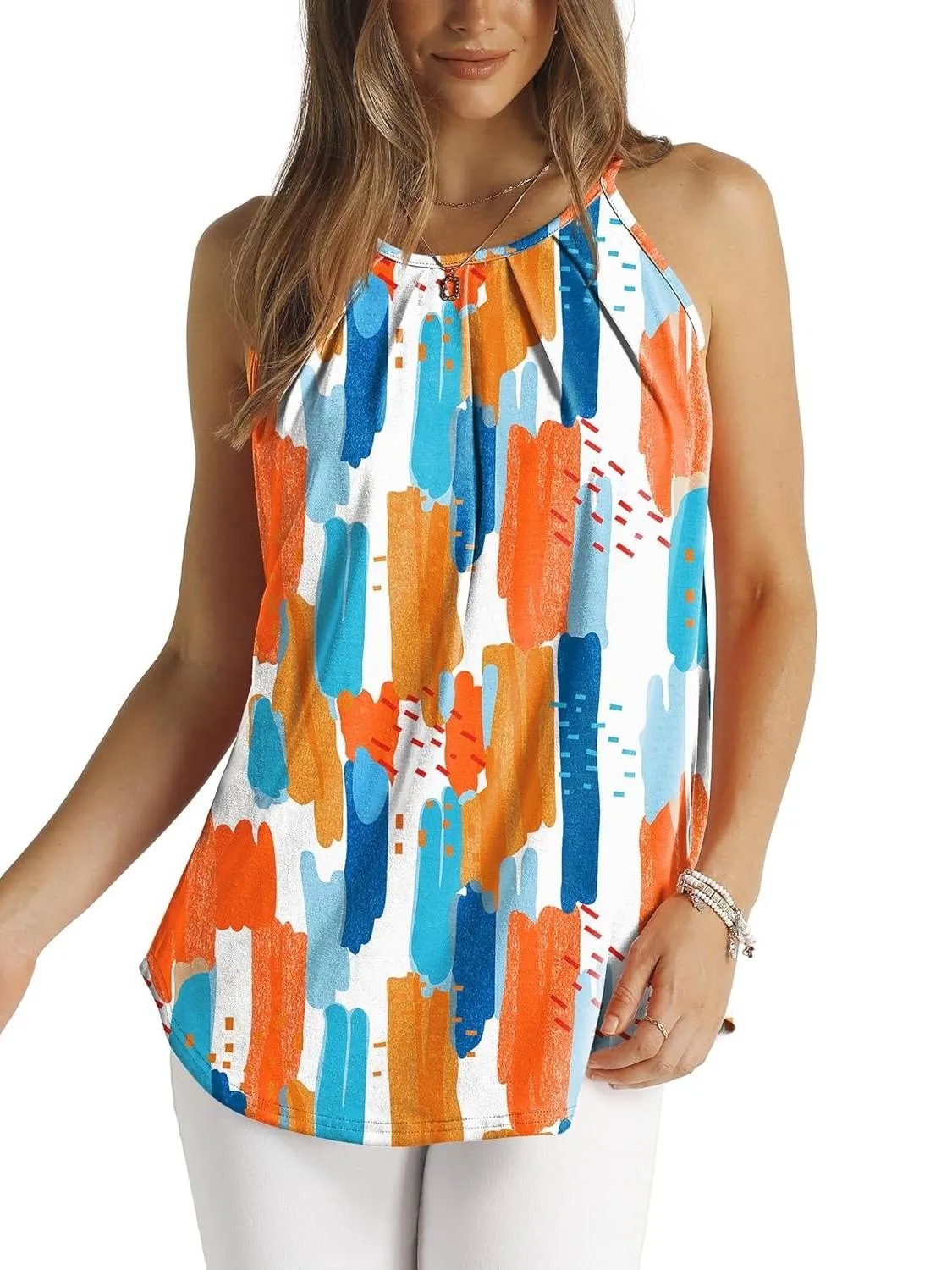 HOT SALE Women's Curved Hem Pleated Spaghetti Strap Tank Tops