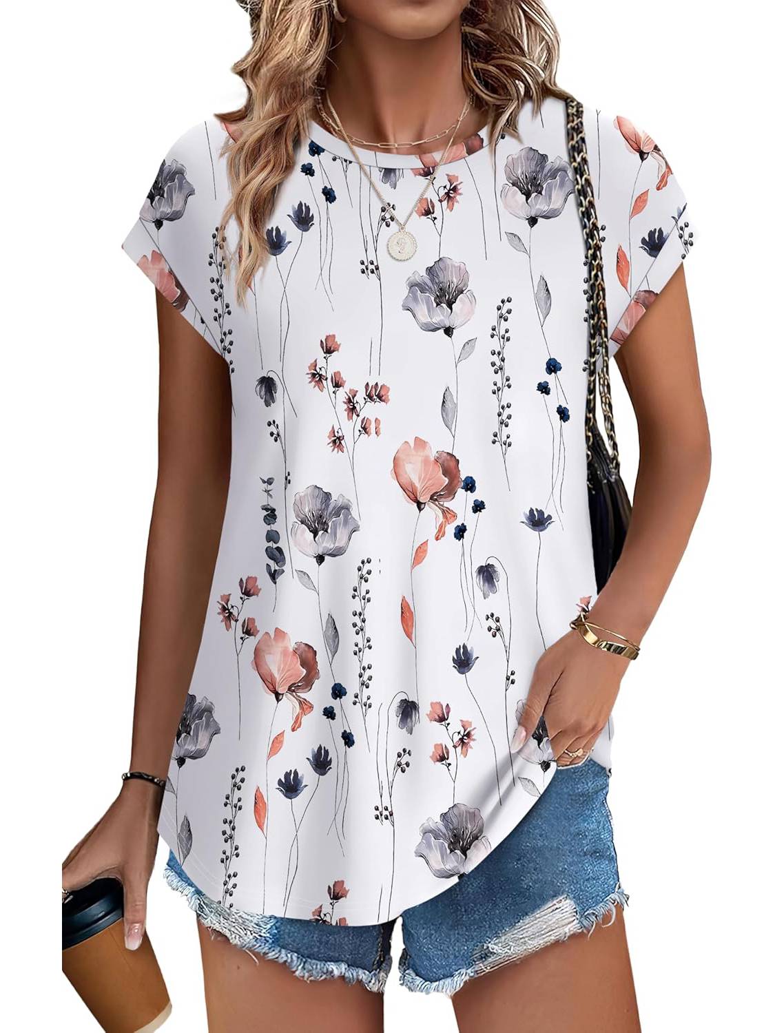 Womens Printing Dressy Casual Cap Sleeve Tops with Curved Hem