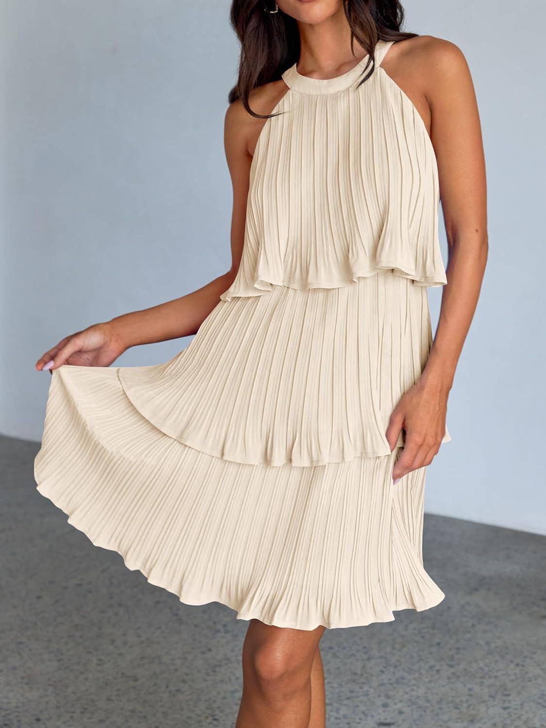 Women's Halter Sleeveless Ruffle Tiered Layered Chiffon Pleated A Line Swing Mini Dress