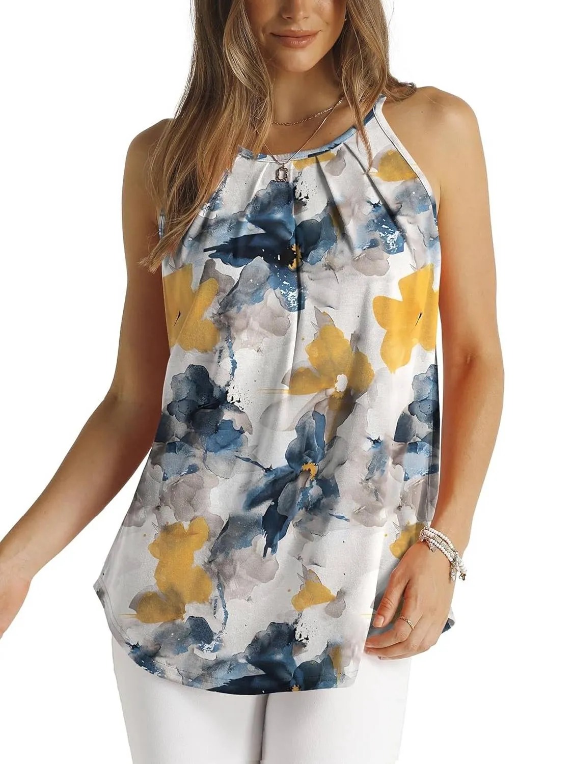 HOT SALE Women's Curved Hem Pleated Spaghetti Strap Tank Tops