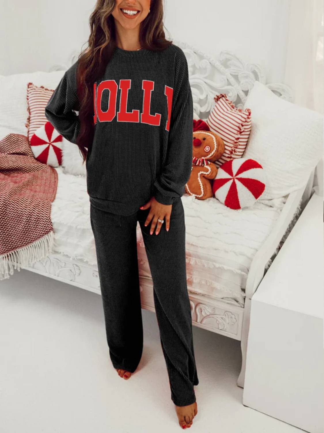Womens JOLLY Graphic Christmas  Ribbed Long Sleeve Top and Pants 2 Piece Set