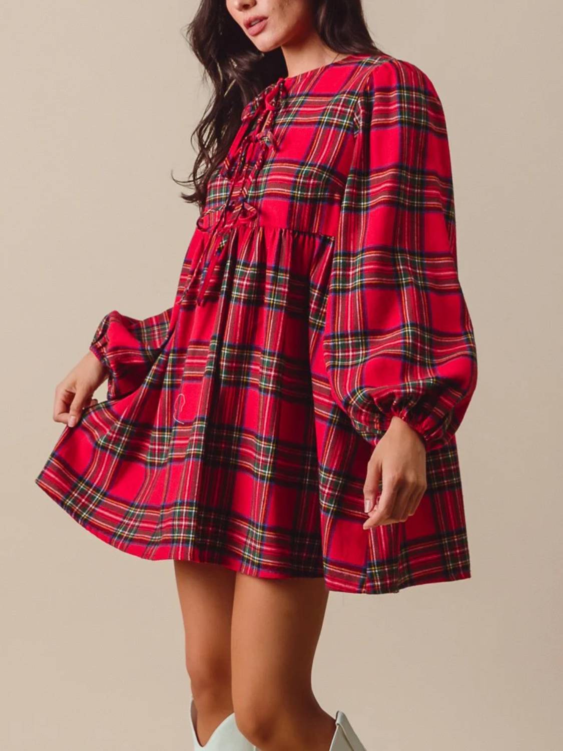 Womens Ruffle Hem Bow Long Sleeve Plaid Shift Tunic Mini Dress