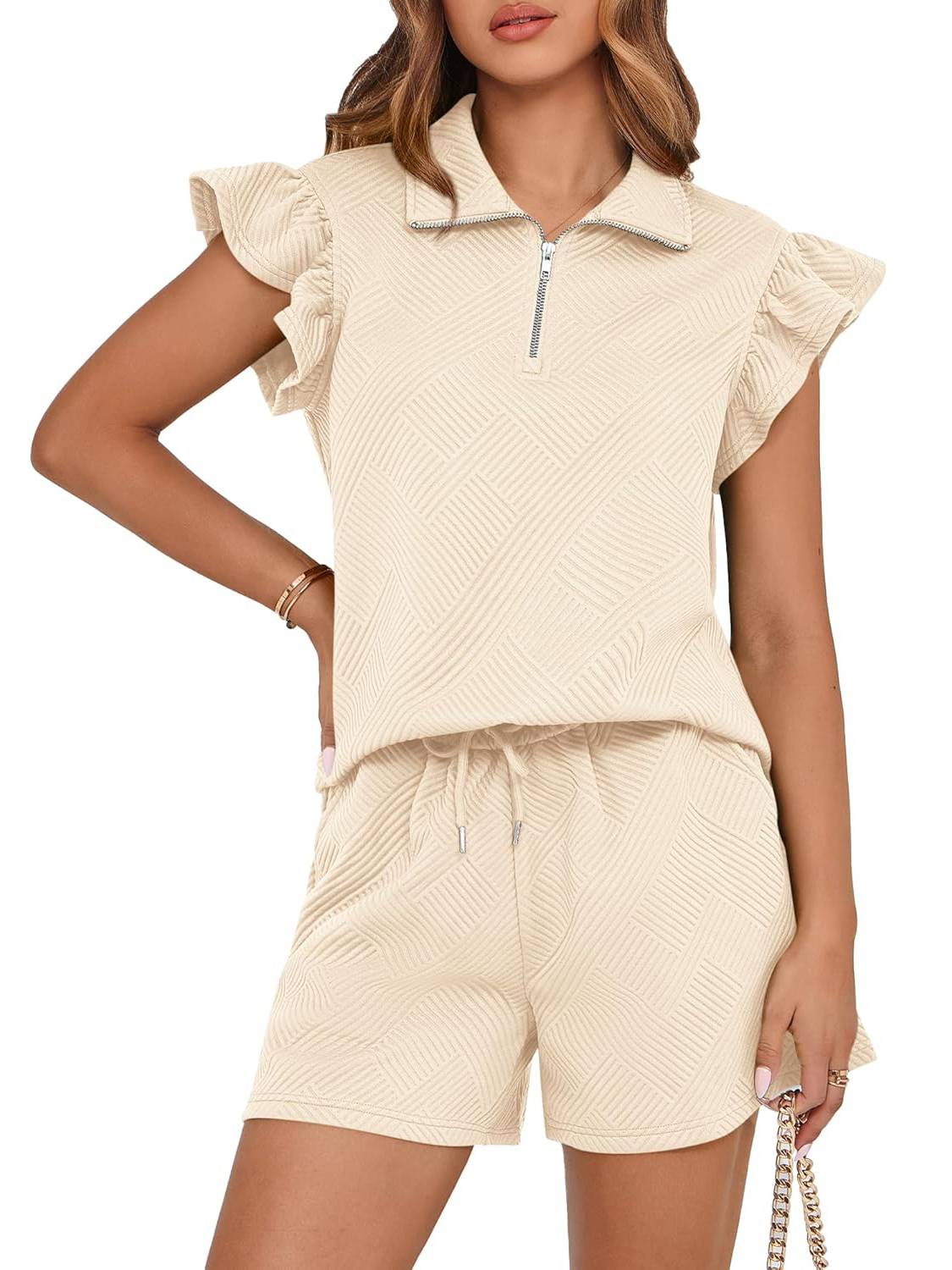 Women's Sweatsuit Zipper V Neck Ruffle Tops and Drawstring Shorts Lounge Sets