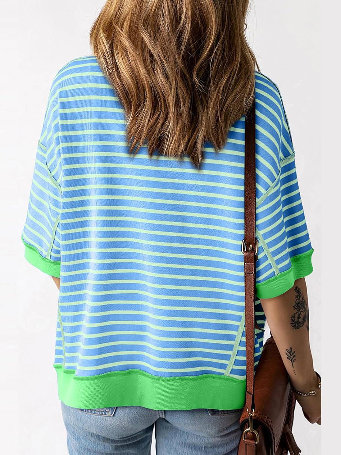 ⏰Hot Sale-Women Striped Color Block Tops Short Sleeve