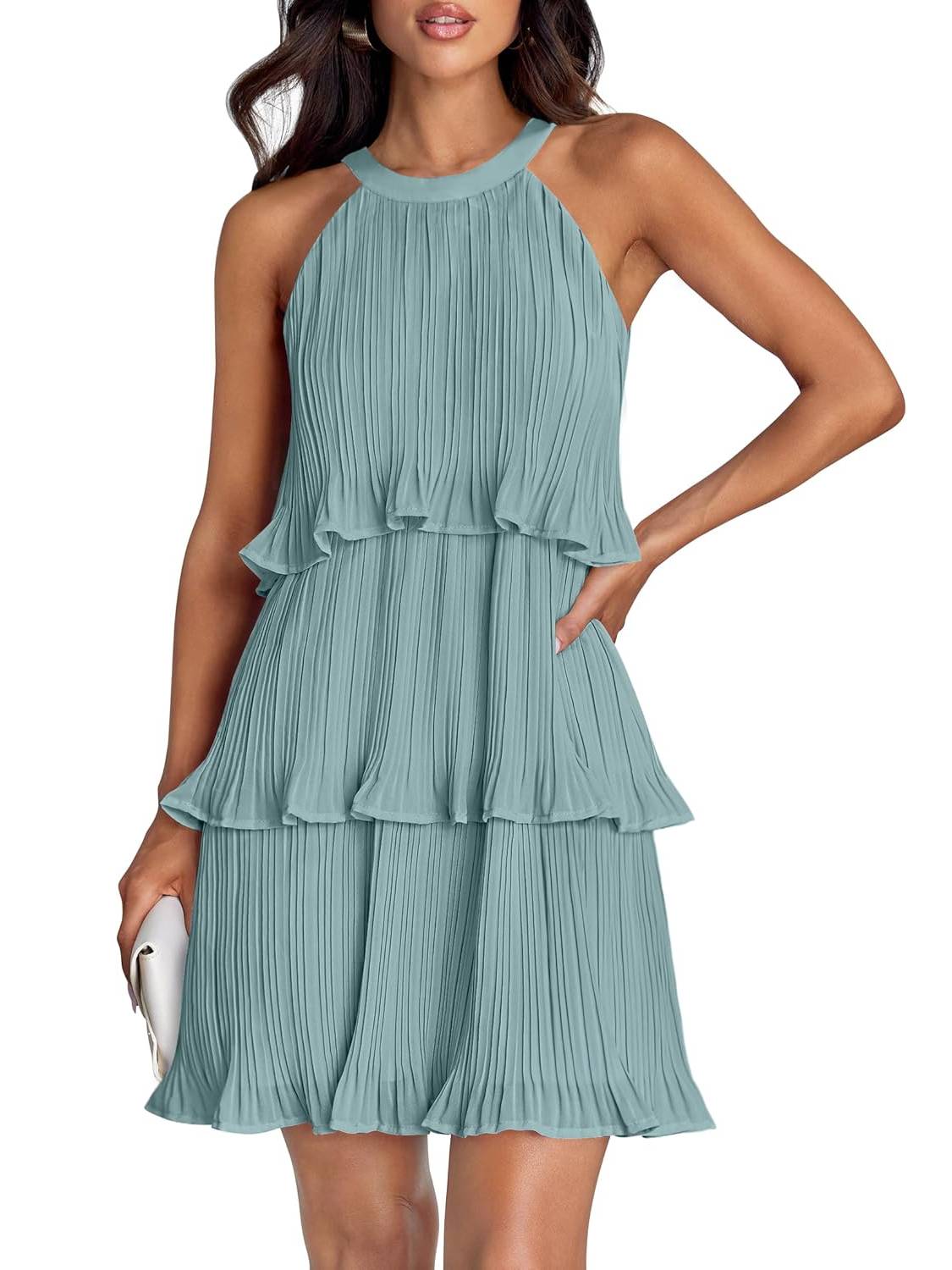 Women's Halter Sleeveless Ruffle Tiered Layered Chiffon Pleated A Line Swing Mini Dress