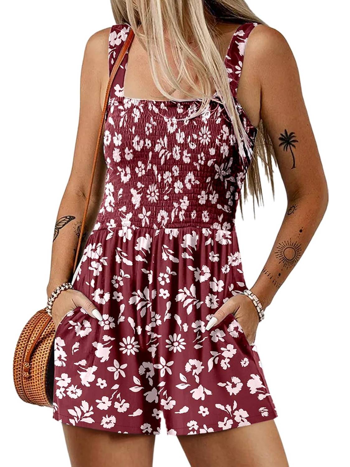 Women's Summer Square Neck Sleeveless Loose Casual Shorts Smocked Rompers