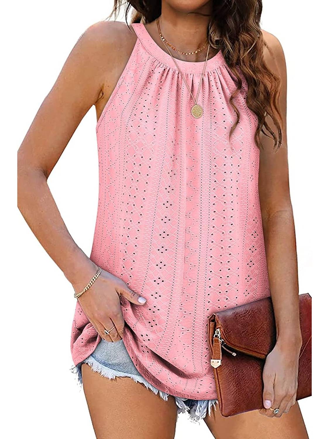 Women Casual Pleated Eyelet Loose Fit High Neck Sleeveless Halter Tank Tops