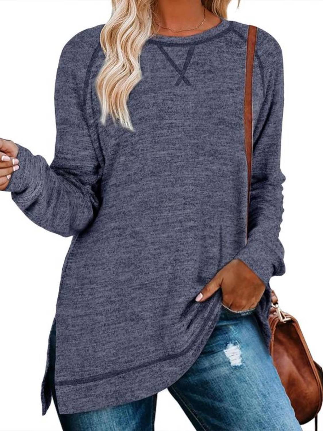 Women Fall Side slit Long Sleeve Shirts Tunic Tops