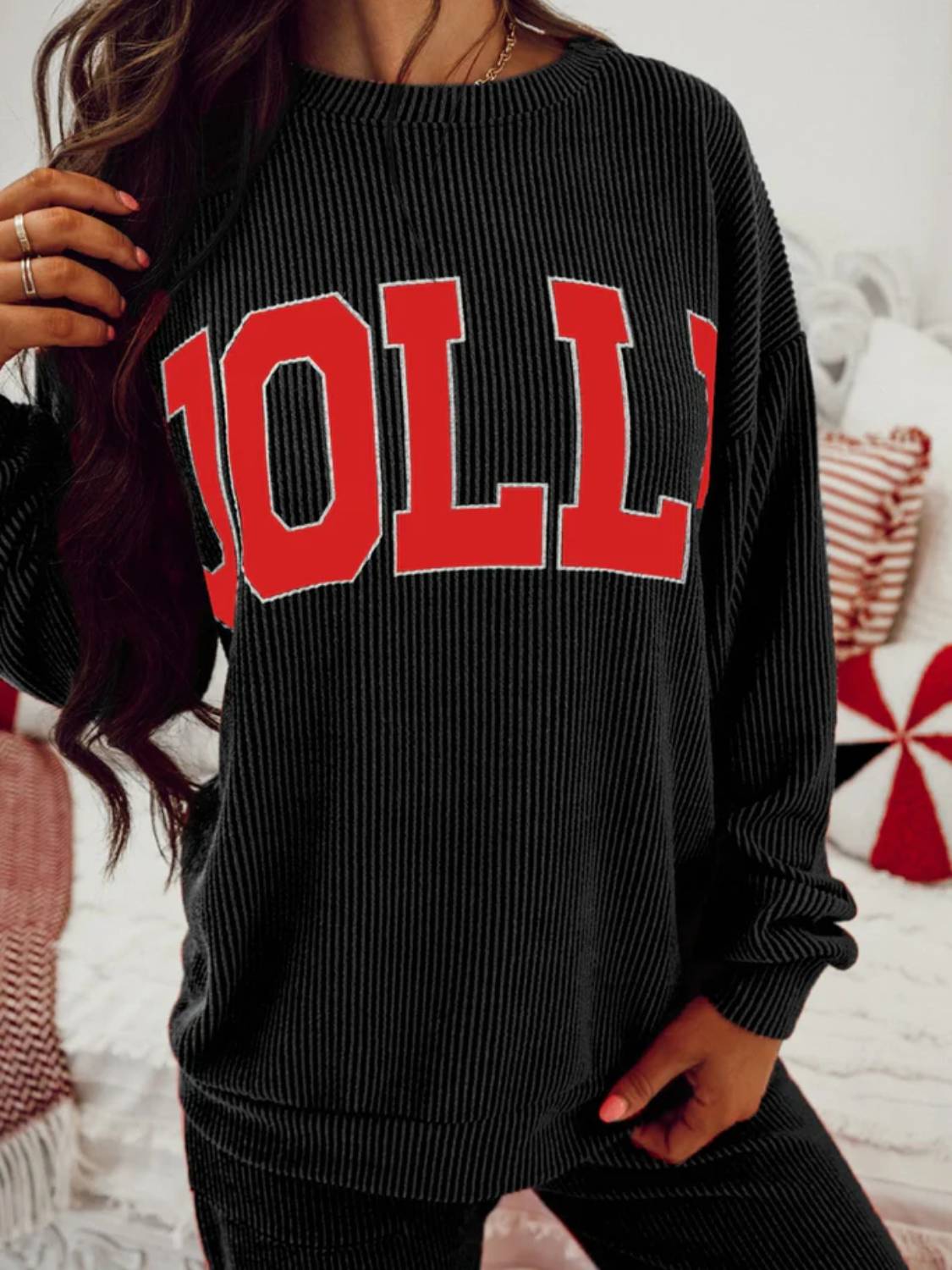 Womens JOLLY Graphic Christmas  Ribbed Long Sleeve Top and Pants 2 Piece Set