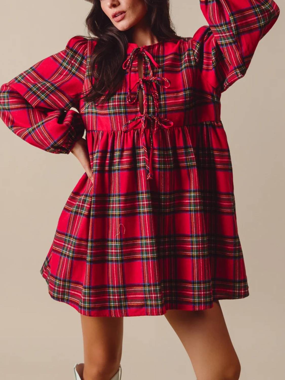 Womens Ruffle Hem Bow Long Sleeve Plaid Shift Tunic Mini Dress