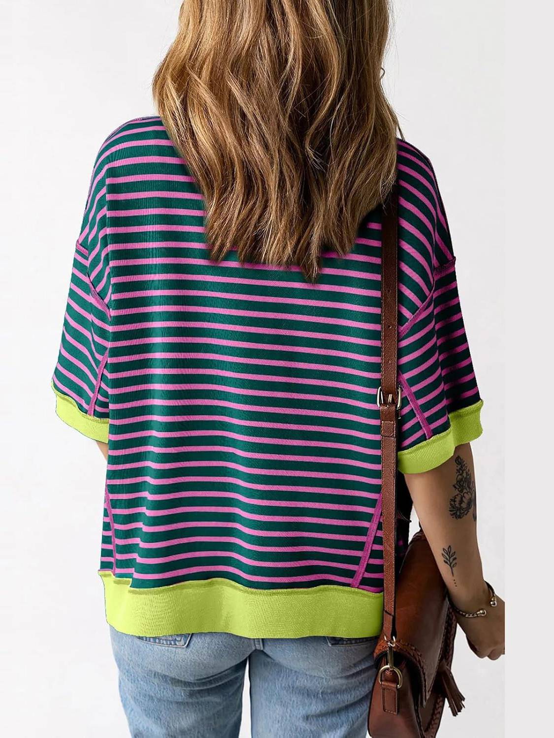 ⏰Hot Sale-Women Striped Color Block Tops Short Sleeve