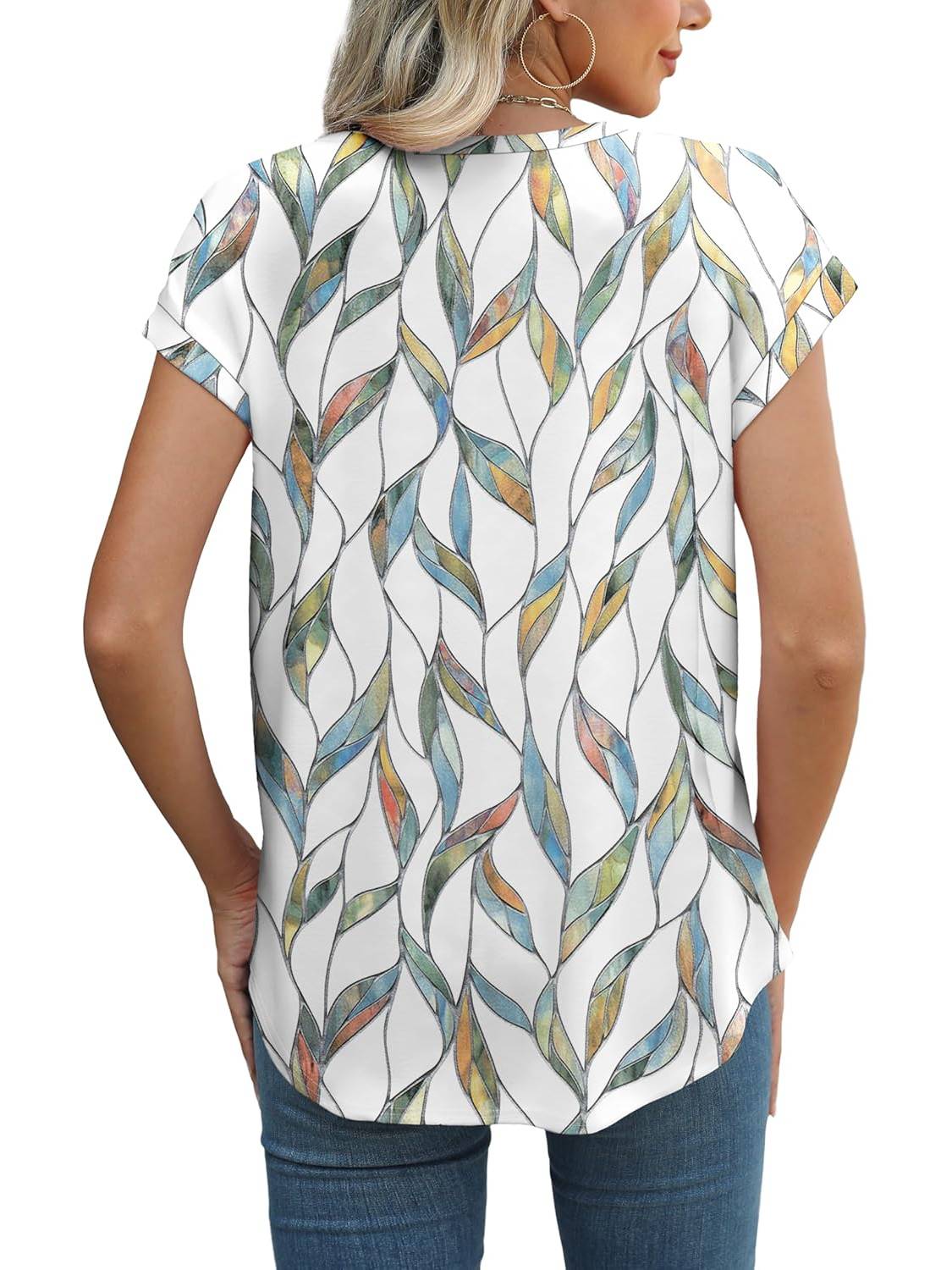 Womens Printing Dressy Casual Cap Sleeve Tops with Curved Hem