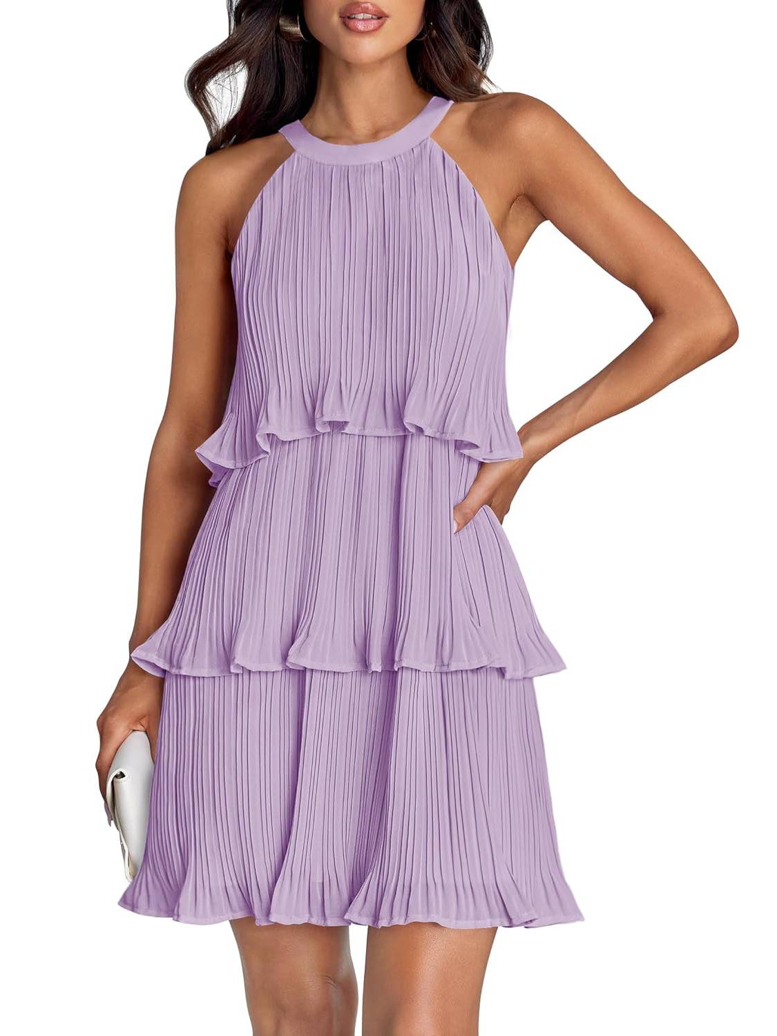 Women's Halter Sleeveless Ruffle Tiered Layered Chiffon Pleated A Line Swing Mini Dress