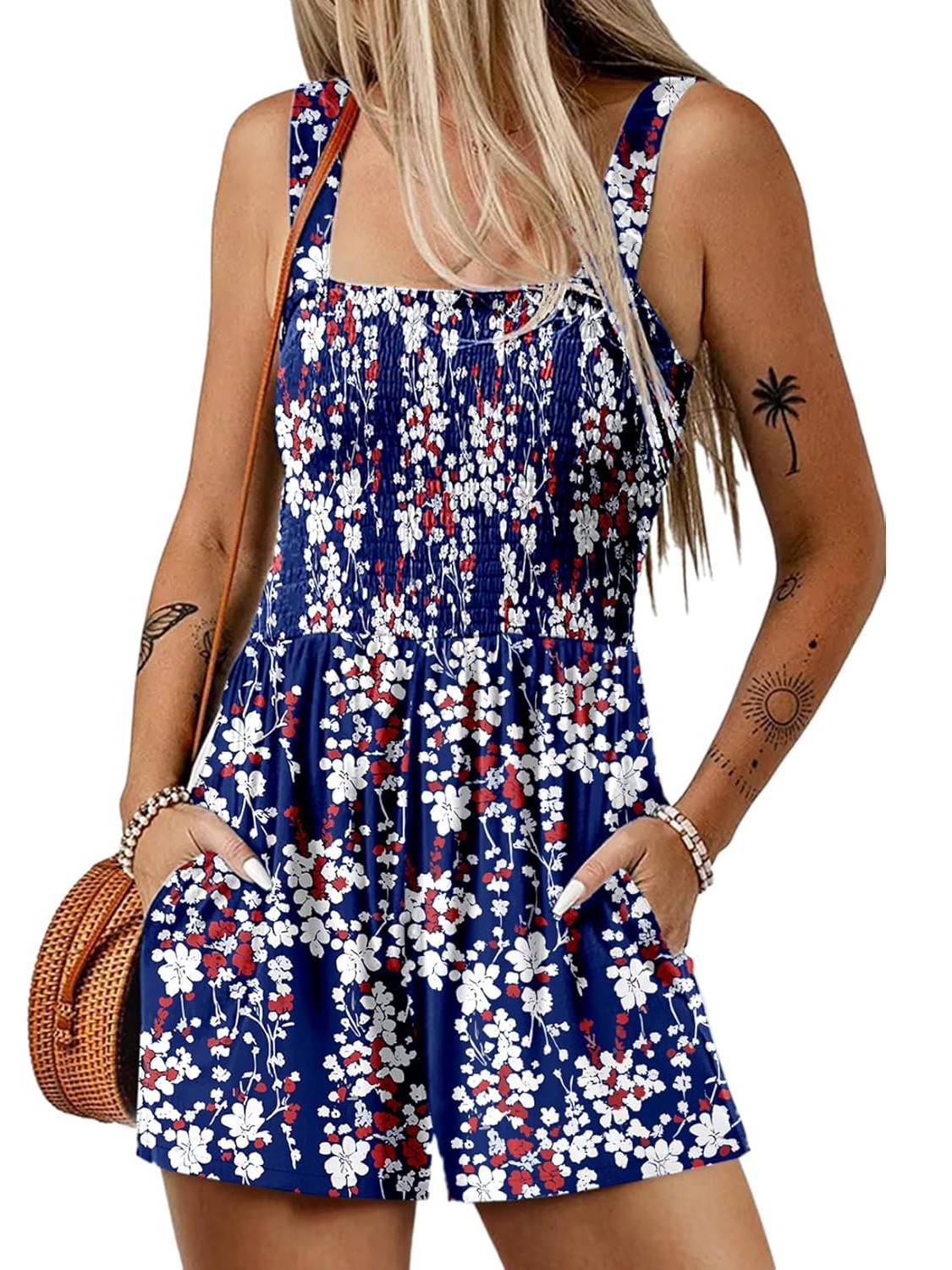 Women's Summer Square Neck Sleeveless Loose Casual Shorts Smocked Rompers