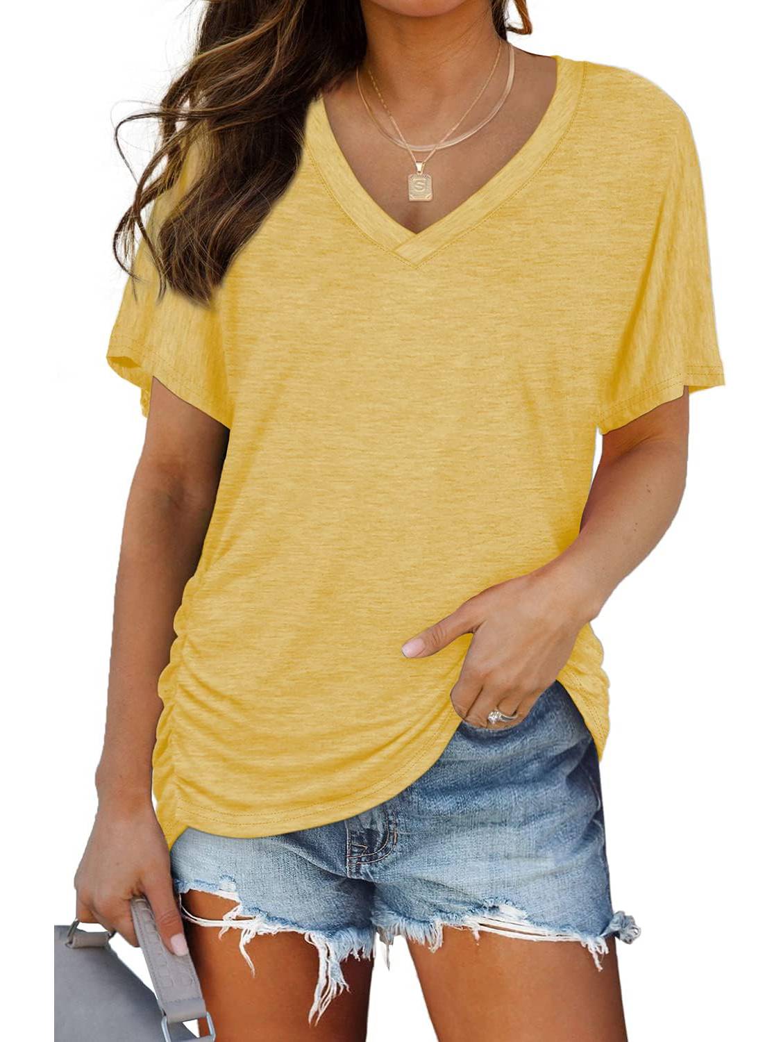 Womens Short Sleeve V Neck Dolman Tops with Side Shirring