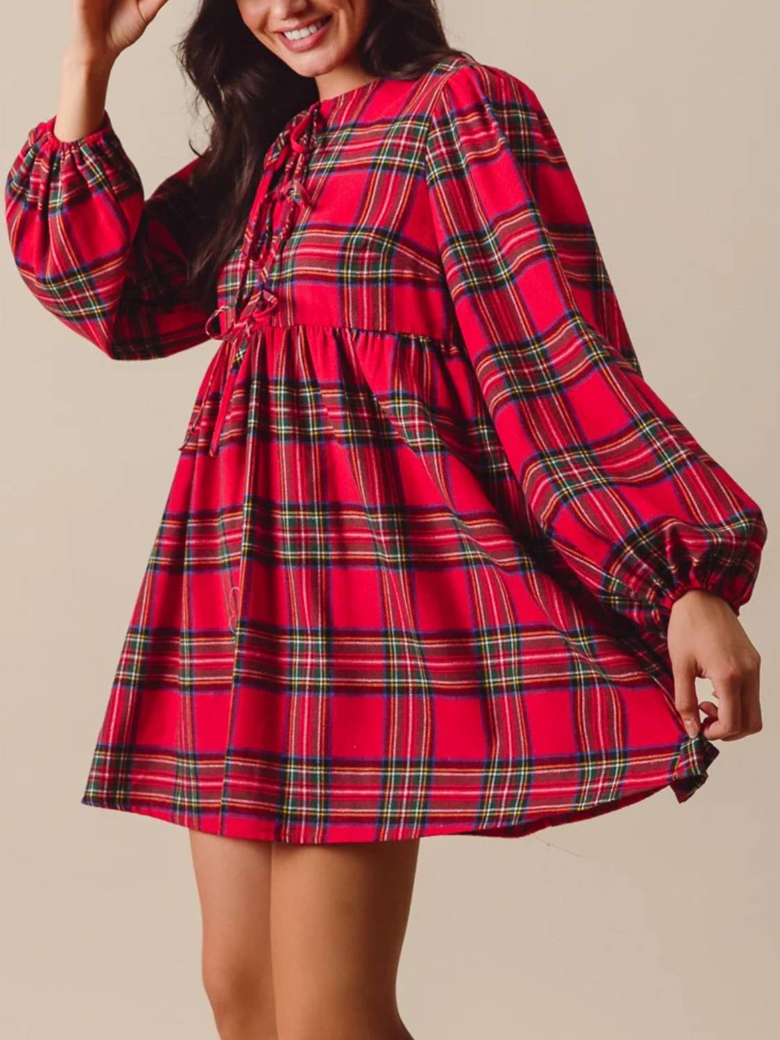 Womens Ruffle Hem Bow Long Sleeve Plaid Shift Tunic Mini Dress
