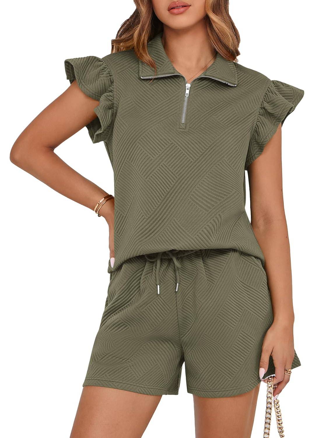 Women's Sweatsuit Zipper V Neck Ruffle Tops and Drawstring Shorts Lounge Sets