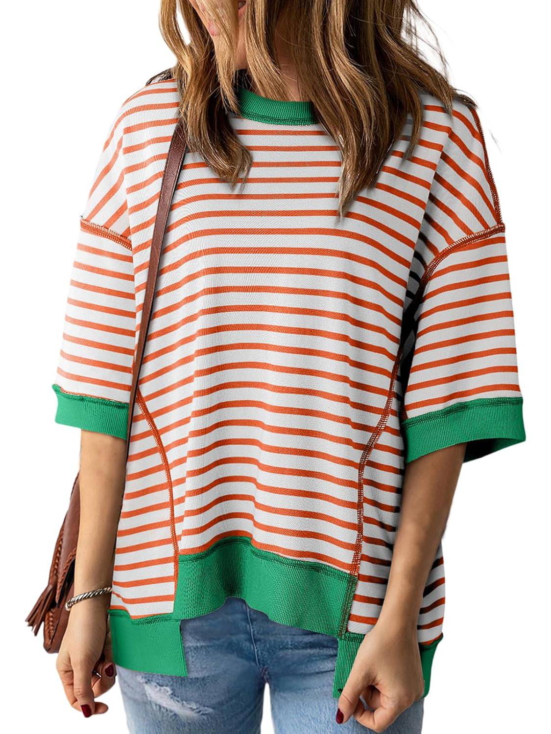 ⏰Hot Sale-Women Striped Color Block Tops Short Sleeve
