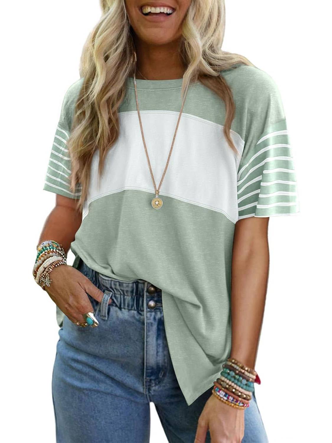 Womens Oversized Crewneck Casual Color Block Striped Shirts Blouses