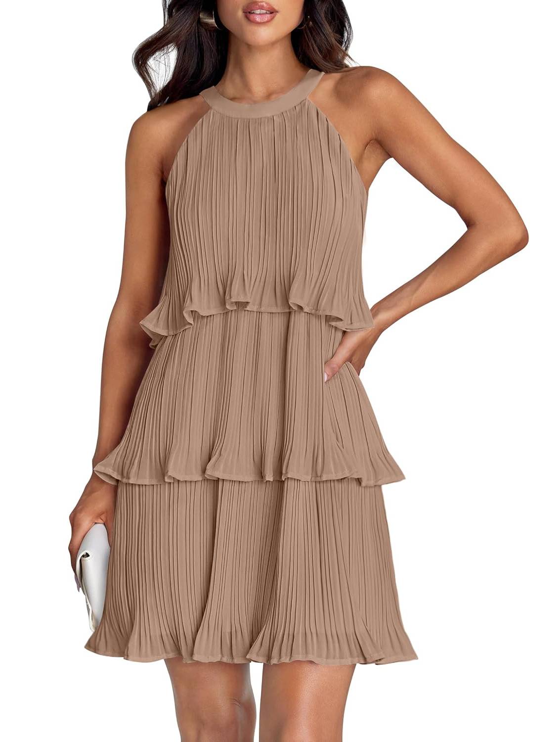Women's Halter Sleeveless Ruffle Tiered Layered Chiffon Pleated A Line Swing Mini Dress