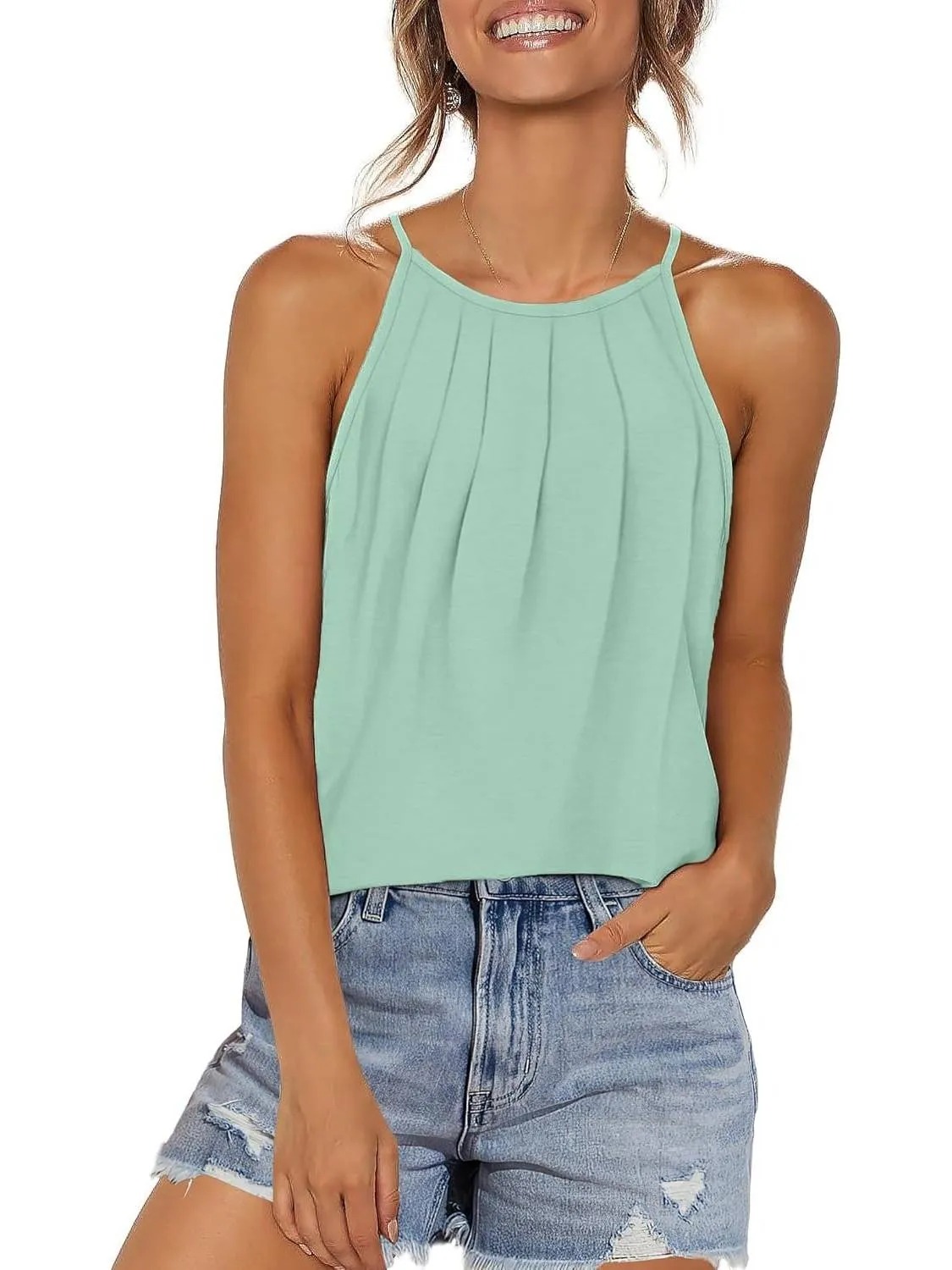 HOT SALE Women's Curved Hem Pleated Spaghetti Strap Tank Tops