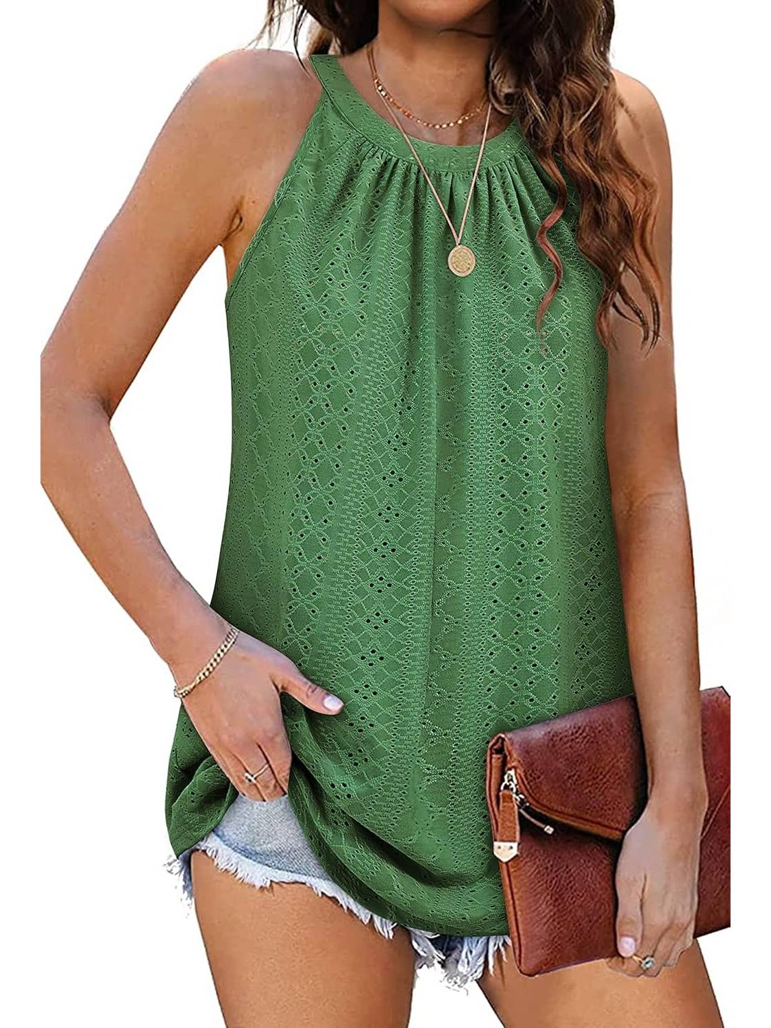 Women Casual Pleated Eyelet Loose Fit High Neck Sleeveless Halter Tank Tops
