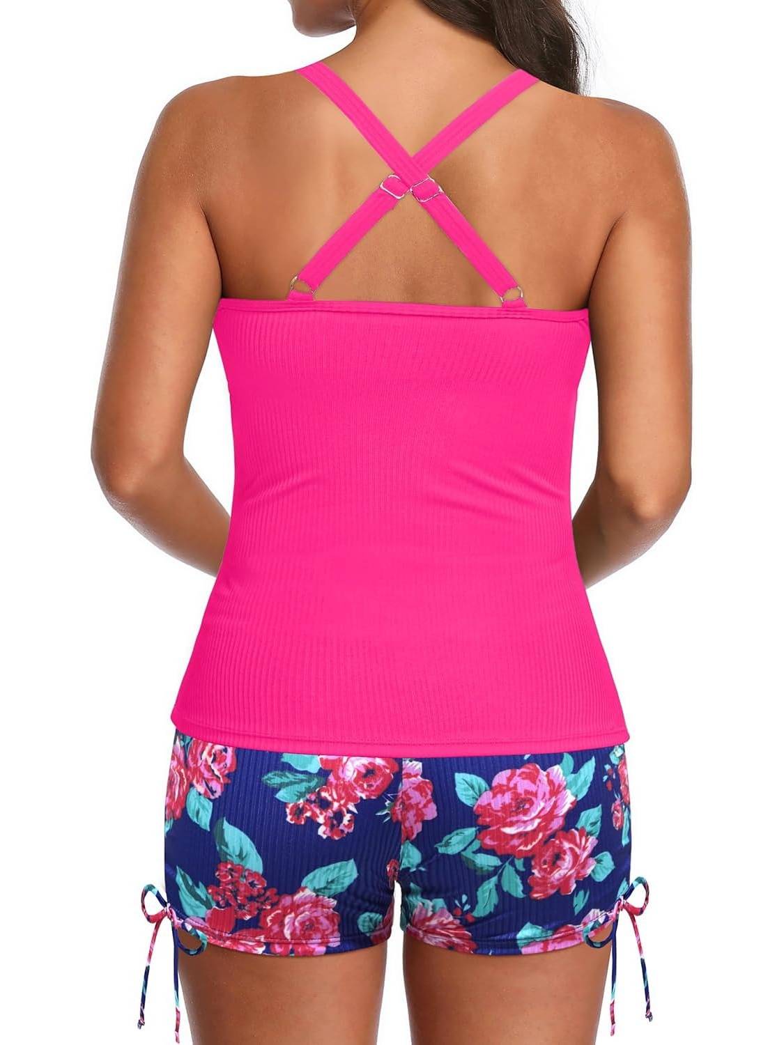 Womens Ribbed Tankini Top Bathing Shorts Tummy Control Two Piece Tankini Swimsuits