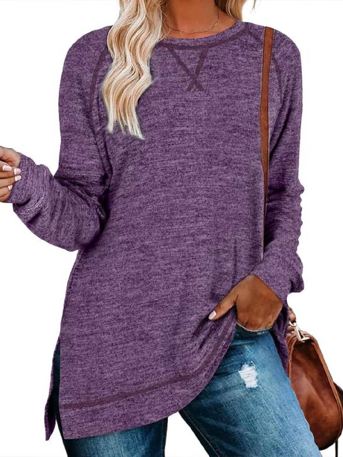 Women Fall Side slit Long Sleeve Shirts Tunic Tops