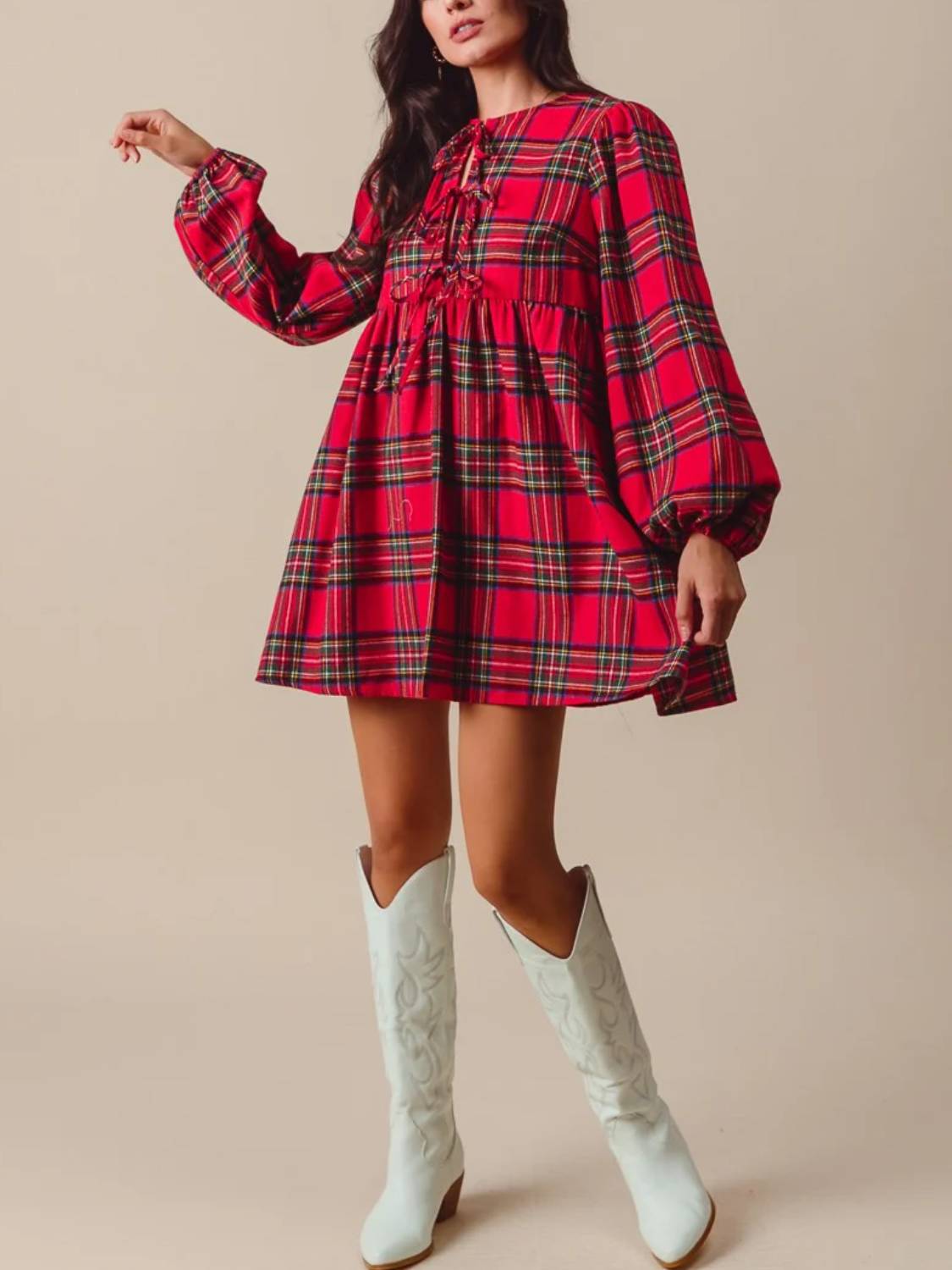Womens Ruffle Hem Bow Long Sleeve Plaid Shift Tunic Mini Dress