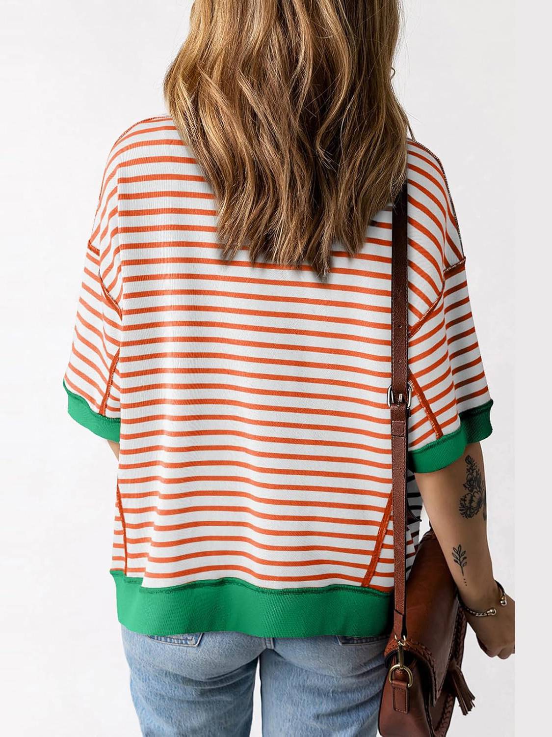 ⏰Hot Sale-Women Striped Color Block Tops Short Sleeve